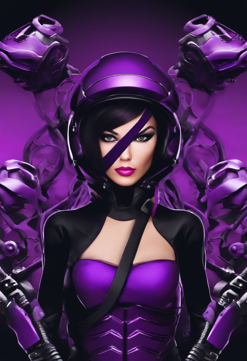 Create a purple ninja who wears a purple motorcycle helmet and a black ponytail on his head.