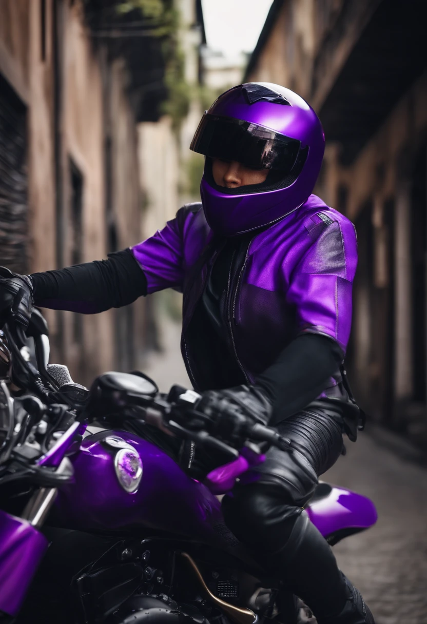 Create a purple ninja who wears a purple motorcycle helmet and a black ponytail on his head.
