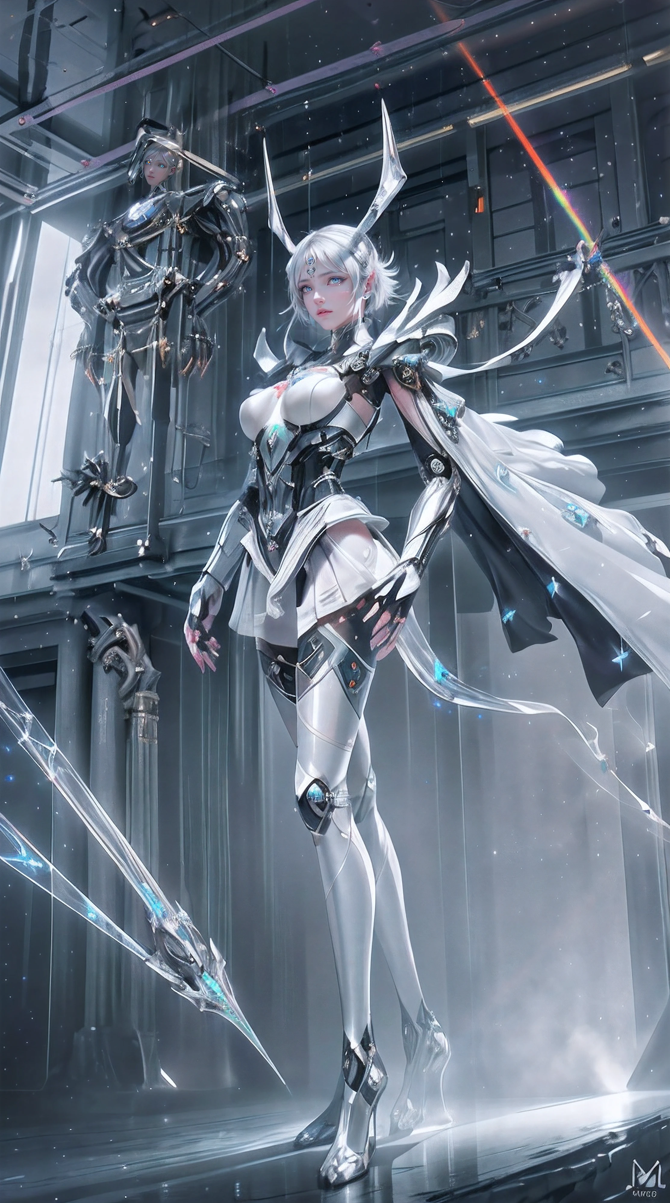 engineering drawing, thin line pen drawing, dark, futuristic silhouette of white dragon cyborg girl, full body, long flowing coat, holding giant greatsword with mechanical gimmick blade, standing on reflective surface against minimalist light grey background
