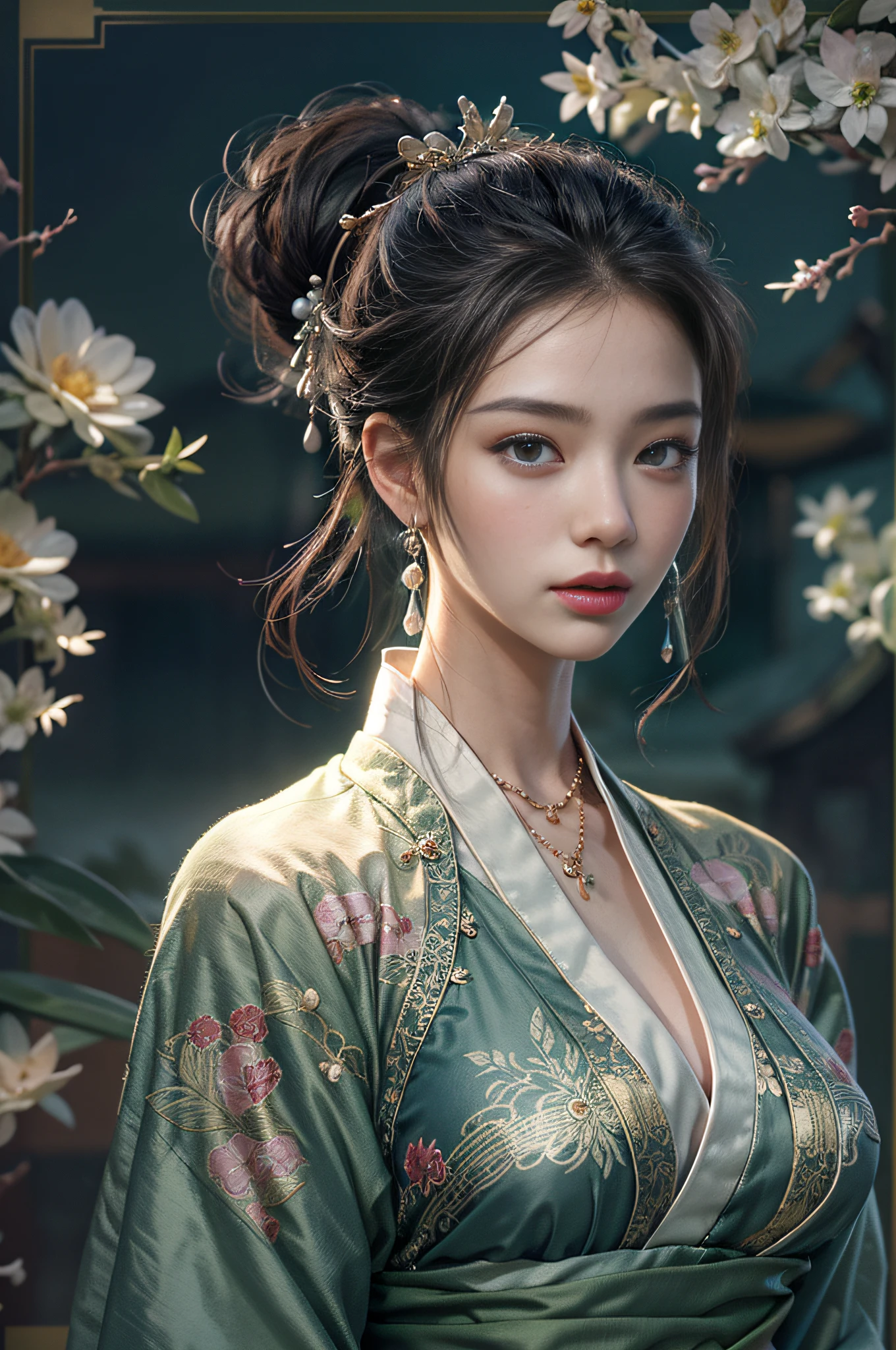 The art depicts a photorealistic charming woman wearing a silky traditional hanfu in noble colour, decorated with intricate patterns. Her hanfu is seethrough, drapes elegantly over her perfect anatomy figure accentuating her seductive silhouette. She has huge breasts with looming nipple, her clothes almost could not cover her breasts. She stood gracefully in the quiet moonlit night, bathed in the soft glow of the moonlight. The scene exudes an oriental and dreamy atmosphere, with a touch of mystery. The graphic style blends watercolor and CGI techniques to evoke a refined beauty and charm. Realistic lights. three-dimensional facial features, upturned legs, add_detail:0.5, flowing ponytail, headband decorated with flowers, jade necklace, earring