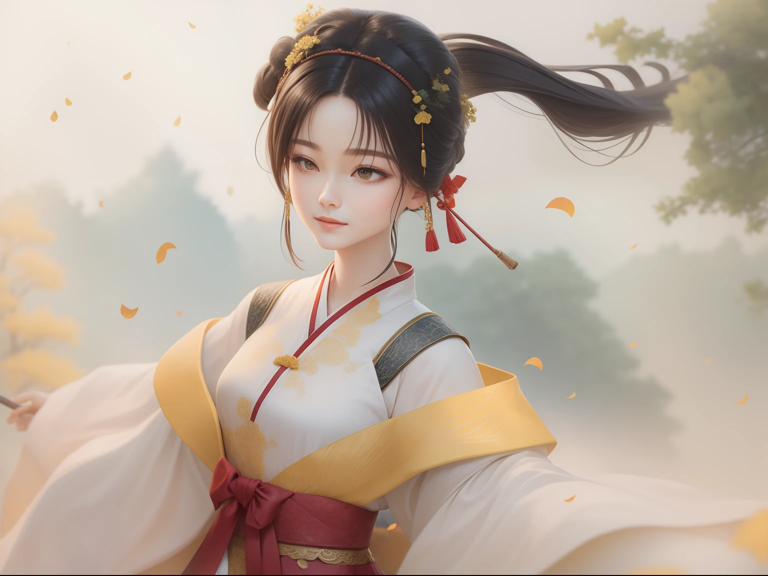Yellow Ginkgo Biloba Forest,A woman in a burgundy dress sits on a swing,The ground is full of yellow apricot leaves,Lady in burgundy silk dress,Flowing robe dress,Long black hair,The lady wears a Han dynasty costume,Mopping Hanfu,Flying glowing white fireflies,wide angles,Hyper-realistic,Beautiful,softlighting,Romantic national style