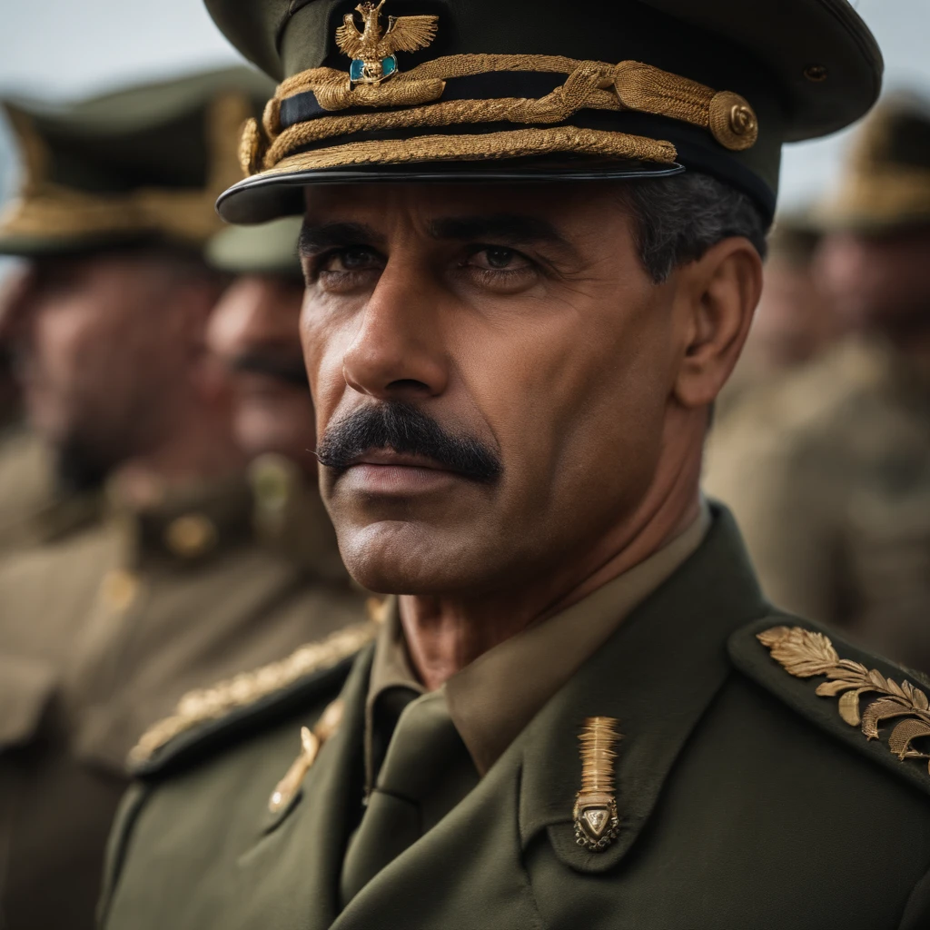 Retrato de um homem de 40 anos, Vestido em estilo militar brasileiro, um rosto viril, olhos expressivos, careca, military clothing, Detalhando, 4k
