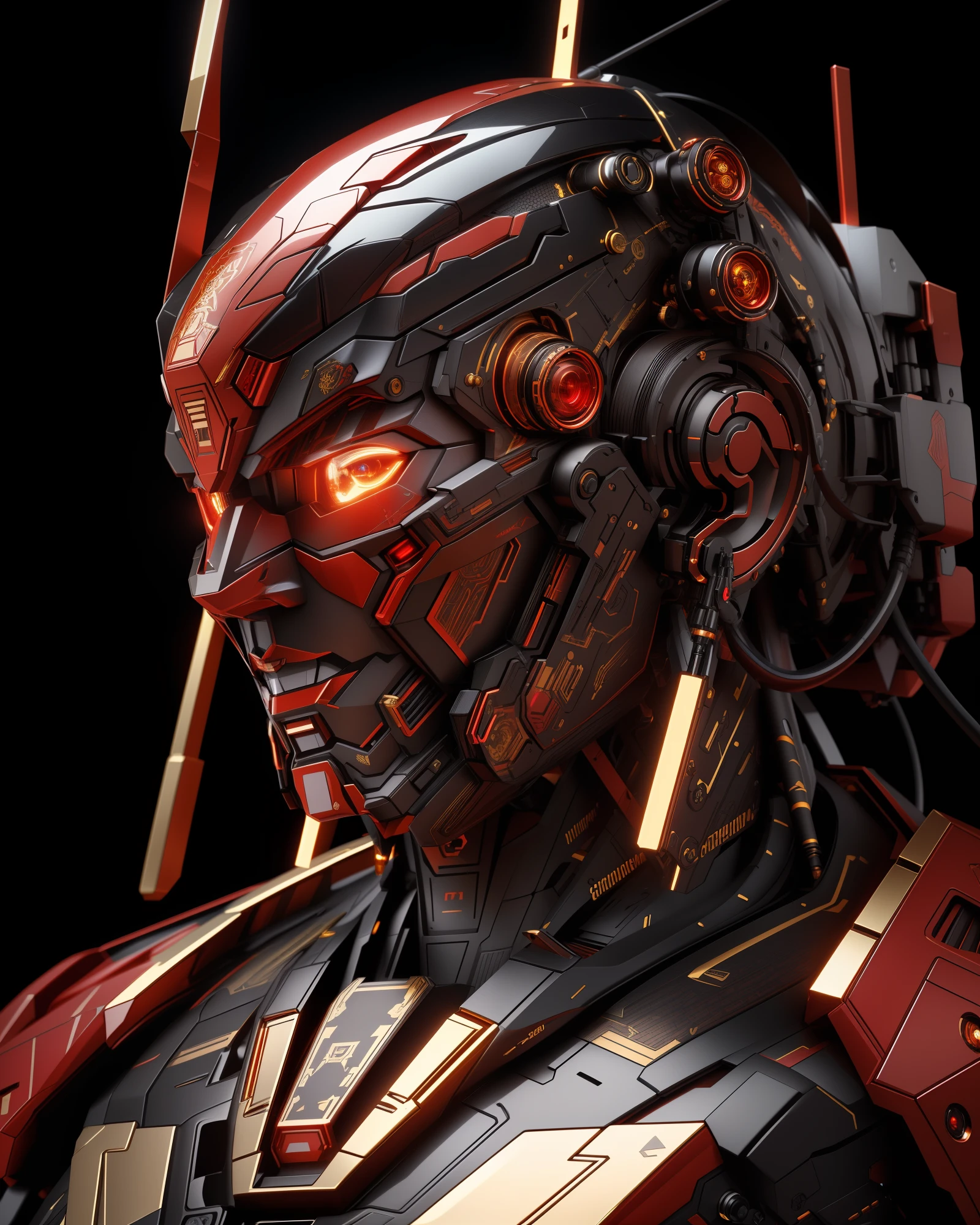 Intricate red, black, and gold-colored futuristic Gudum Mecha with highly detailed mechanical parts, (best quality, 4k, highres, masterpiece:1.2), ultra-detailed, (realistic, photorealistic:1.37) appearance, studio lighting, vivid colors.