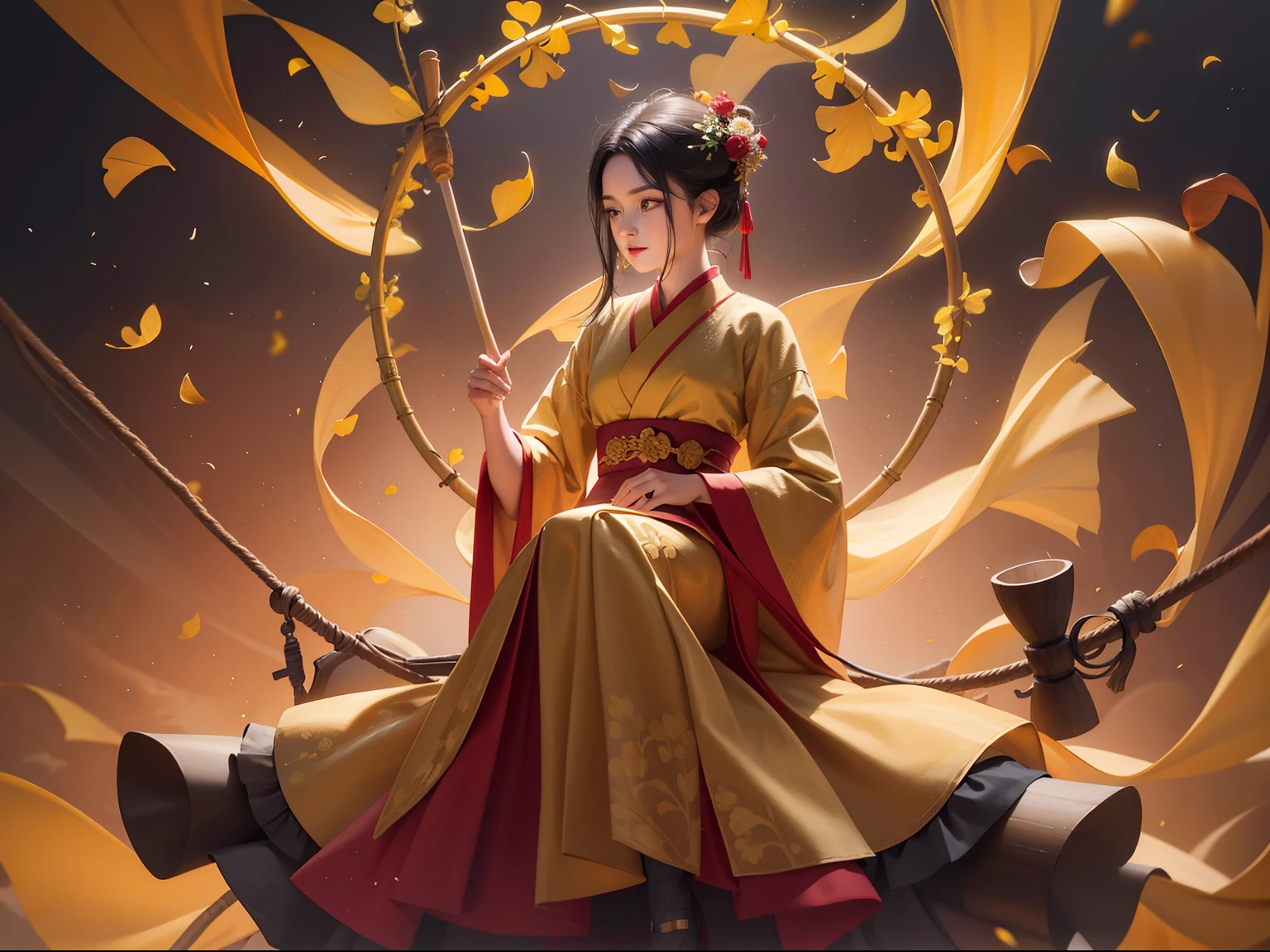 Yellow Ginkgo Biloba Forest,A woman in a burgundy dress sits on a swing,The ground is covered with yellow apricot leaves,Lady in burgundy silk dress,Flowing robe dress,Long black hair,The lady wears a Han dynasty costume,Mopping Hanfu,Flying glowing white fireflies,wide angles,Hyper-realistic,Beautiful,softlighting,Romantic national style