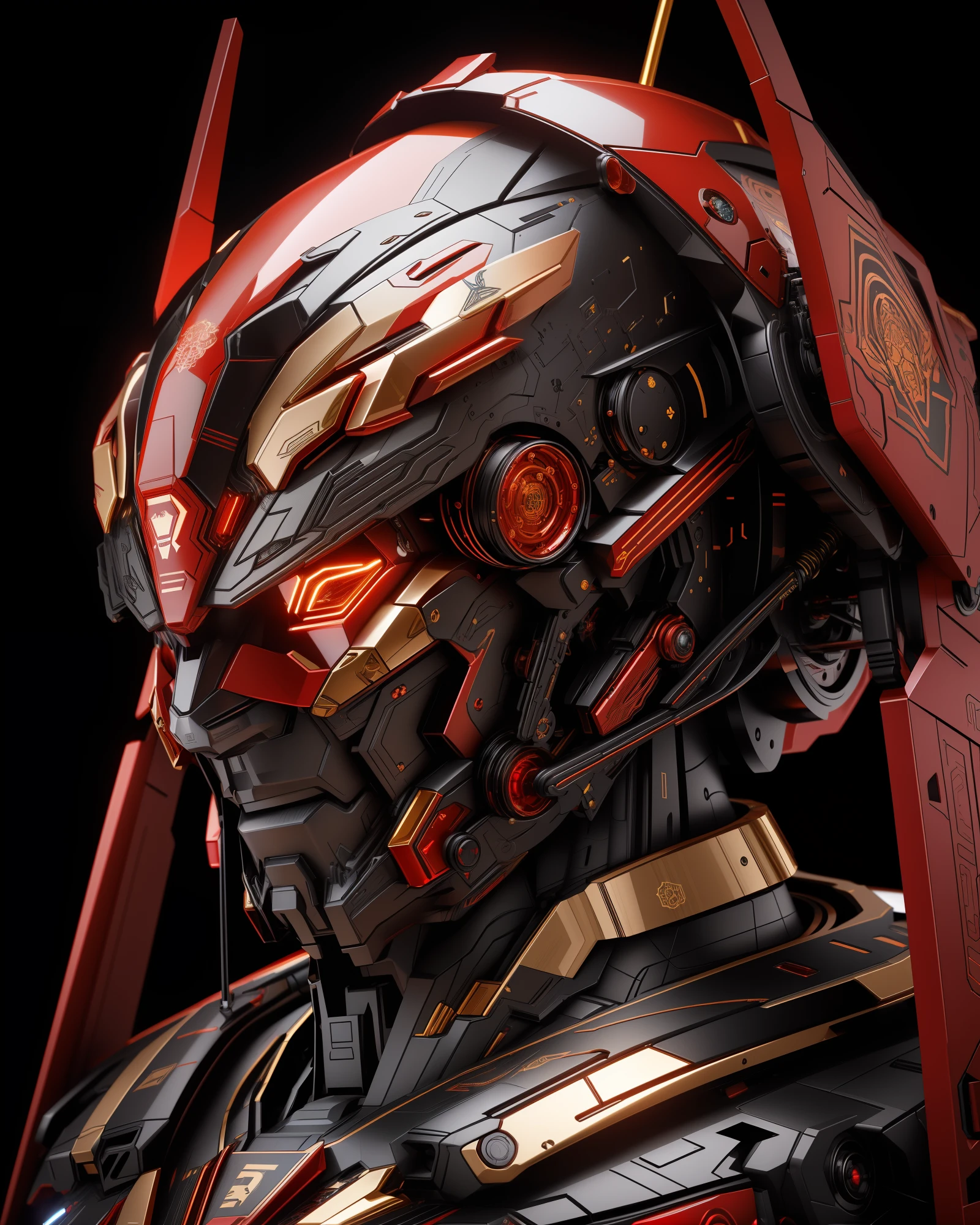 Intricate red, black, and gold-colored futuristic Gudum Mecha with highly detailed mechanical parts, (best quality, 4k, highres, masterpiece:1.2), ultra-detailed, (realistic, photorealistic:1.37) appearance, studio lighting, vivid colors.
