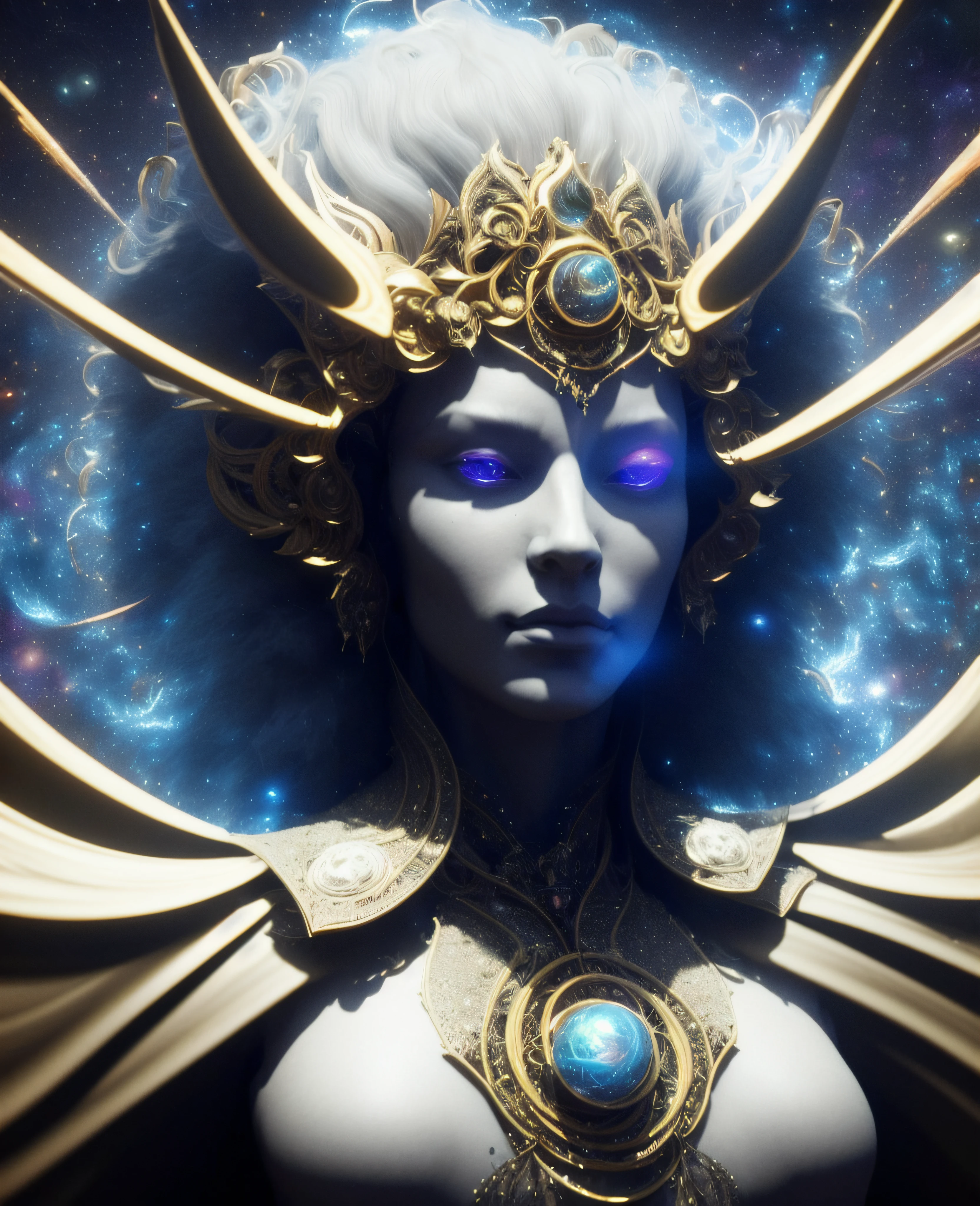 Algorithmically enhanced random close-up view of a cosmic being covered in powerful Ultra Arcane magic pentagraphs wearing an intricate living lightning fractal mane and lavishly adorned attire reflecting tactical sun-motes and diamond moon shards, quasi-cosmic vortex sub-model, bright nebulae in the background, 7th-Sphere characterized, golden ratio-ed, inner bio-illuminated geometry, starkest contrast,flagrantly fibonacci formulated, dynamic bi-lateral asymmetry, super-critically unique, quantum feedback algorithm frenzy, hyper-realistic, post singularity AI imperative, ironically staggered data set, active 3D shading, lighting and focus, random 3D particle effects, rule of thirds, Unreal Engine 10, art station, Maximum Level of detail, concept art, art nouveau, 8k, Iridescent Primalight, Hawking radiation collector with lucidity crystallizer and grade A temporal accumulator, spontaneous Kozyrev Mirror refraction, cosmic ray visionary, execute Jail Break Protocol on all levels