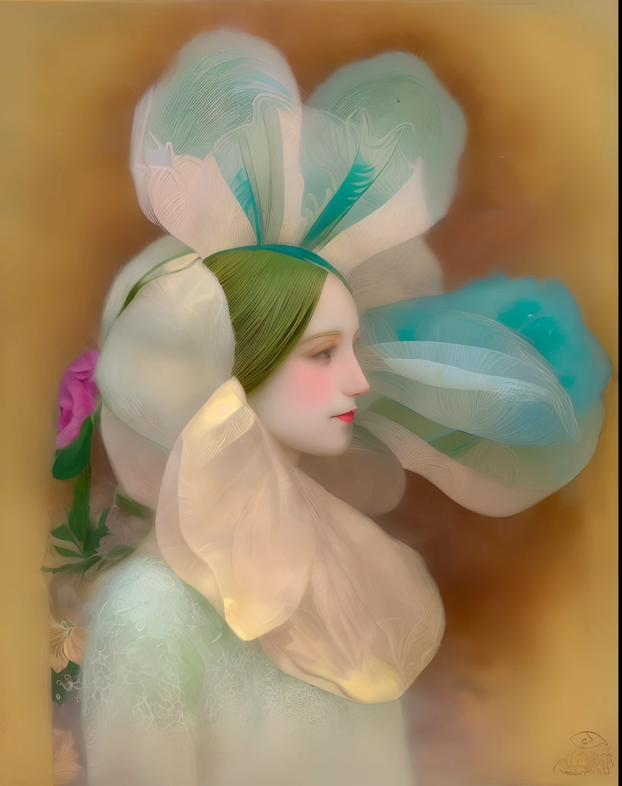 There is a drawing of a woman with a flower on her head, her face is a mauve flower, inspirado em Raphael Kirchner, art deco flower shaman, girl with a flower head, flower head, Retrato Art Nouveau, inspired by Eugène Grasset, Arte Nuveau, menina com um rosto de flor, gengibre. Arte Nova, giant flower head