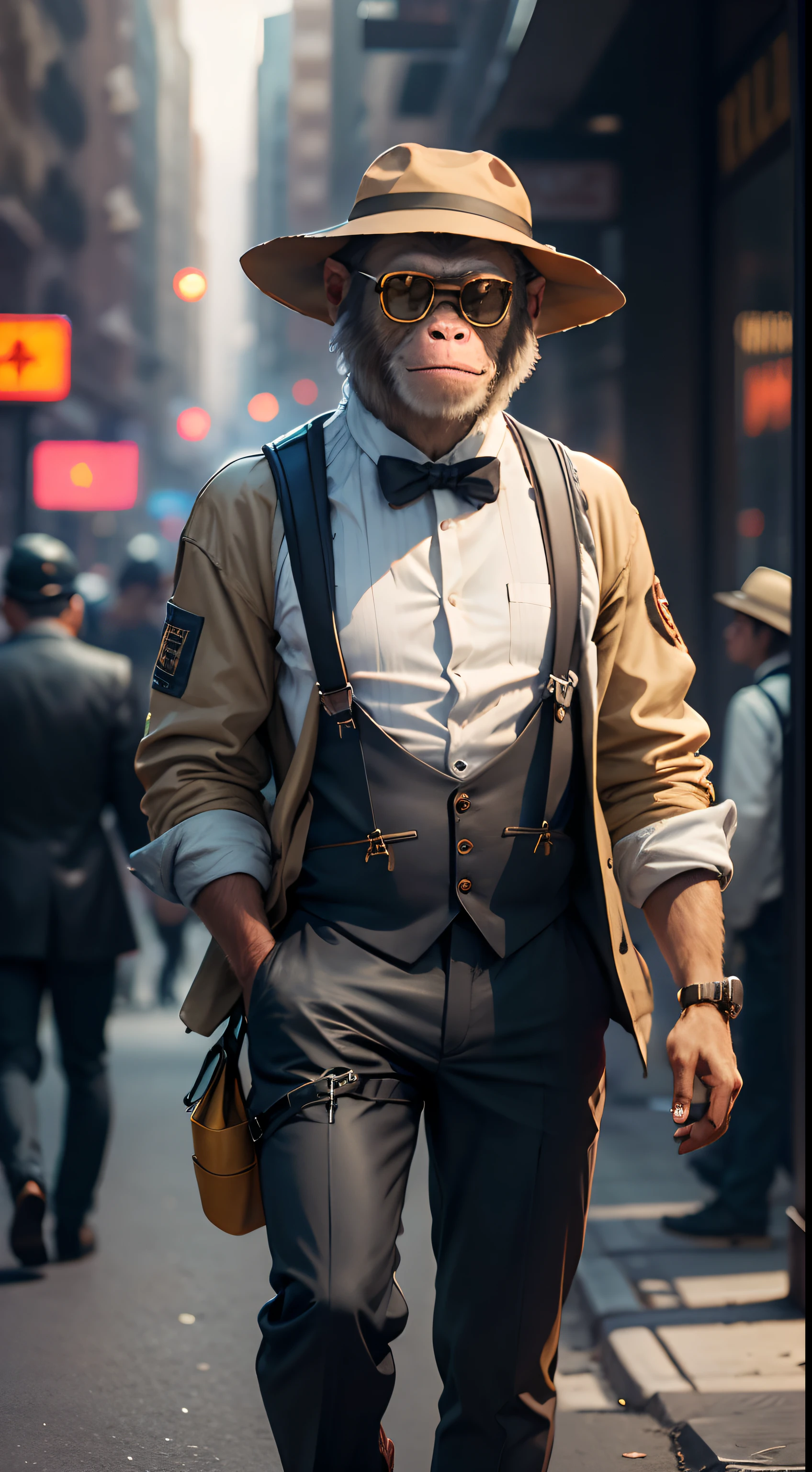 A cute monkey,Wear a jacket,Suspenders,Big scalp shoes,bucket-hat,Wearing sunglasses,City streets,(depth of fields),(Movie lighting),(light and shadow effect),(Unreal 5),(tmasterpiece),(8k wallpaper),photorealestic,realisticlying