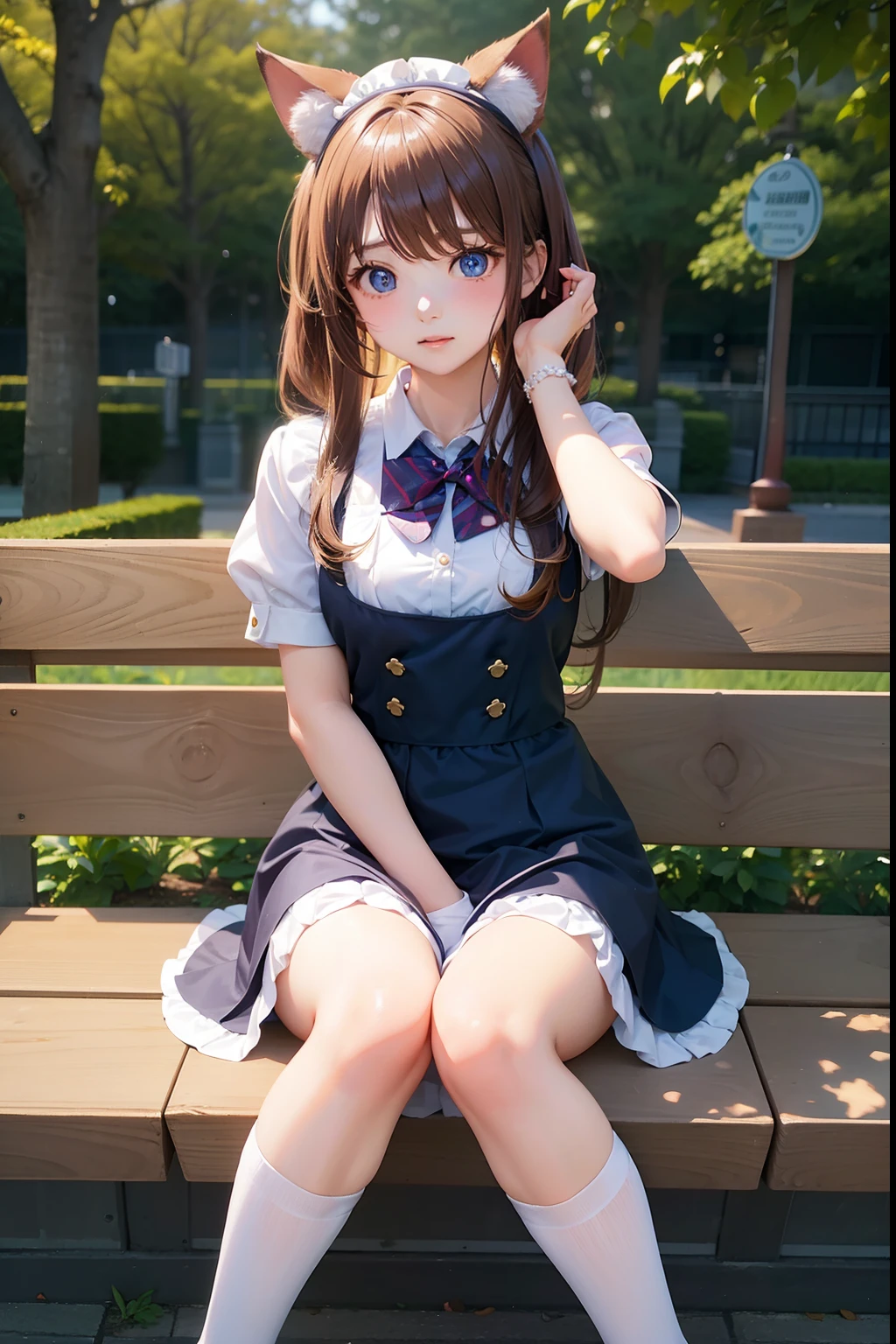Graceful posture。Smart。Cute girl with bunny ears。Lively and cheerful,Cute clothes for pure white girls。White dress royal blue platform shoeeth