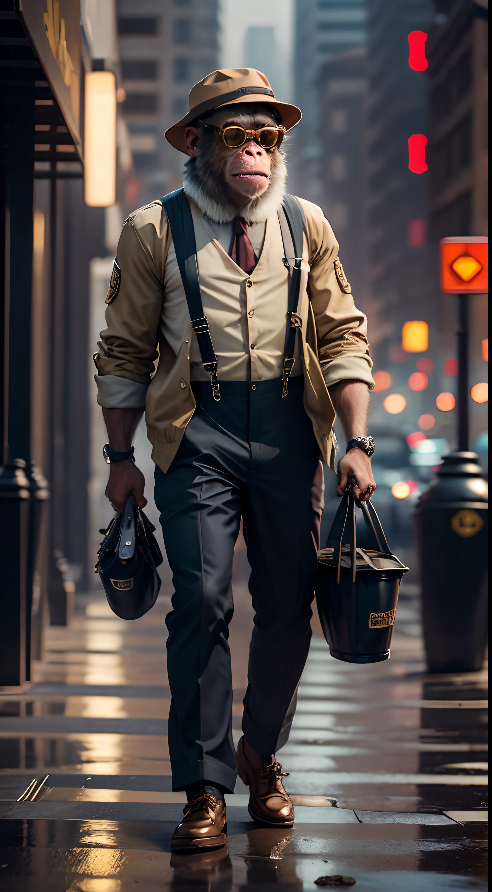 A cute monkey,Wear a jacket,Suspenders,Big scalp shoes,Hat,Wearing sunglasses,City streets,(depth of fields),(Movie lighting),(light and shadow effect),(Unreal 5),(tmasterpiece),(8k wallpaper),photorealestic,realisticlying