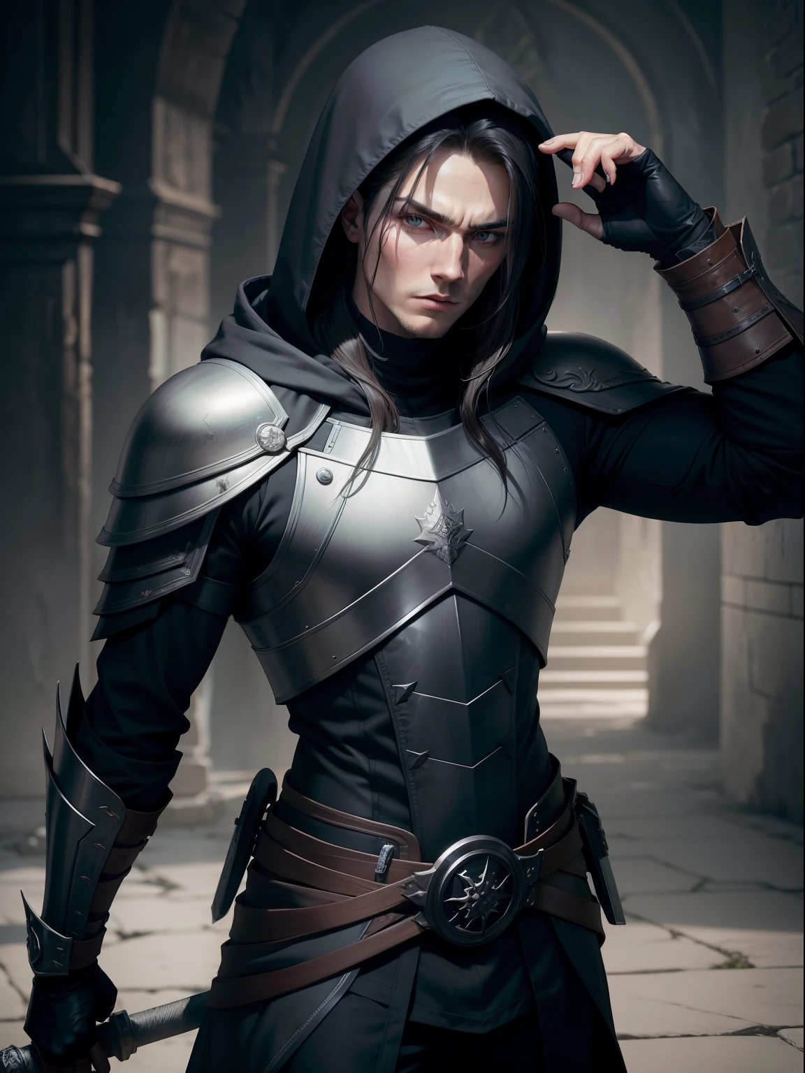 Soren, the Twilight Killer:
He is an assassin and wears a gray hooded coat over light armor. O capuz cobre seu rosto. Your hair is short. Ele possui uma parte do rosto consumido pelas sombras. Ele empunha uma espada. Epic pose with sword. obra-prima. Estilo de arte do jogo Elden Ring.