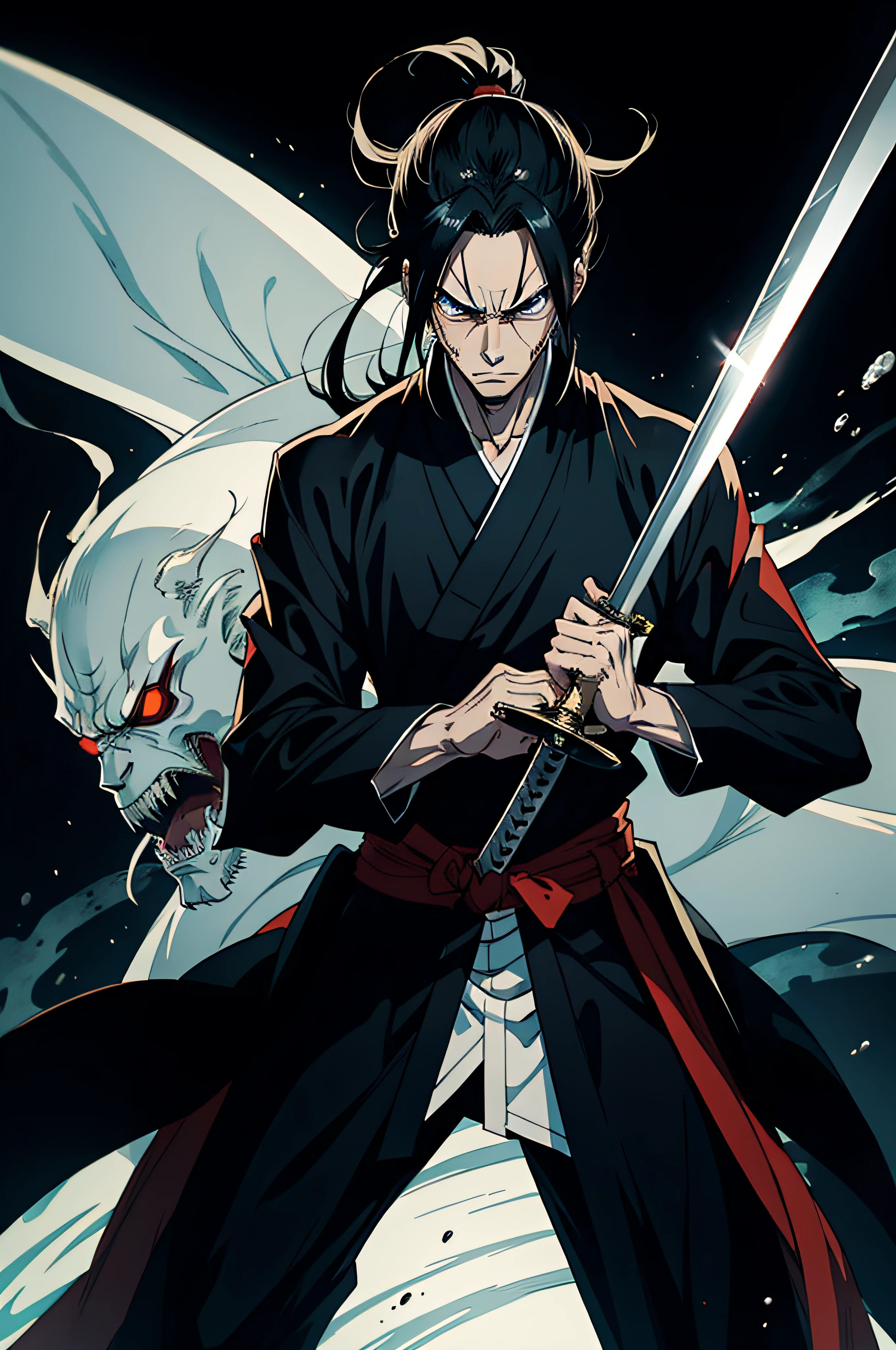 zaraki kenpachi on bleach, black background, Genshin impact character style, holding a sword, ultra quality