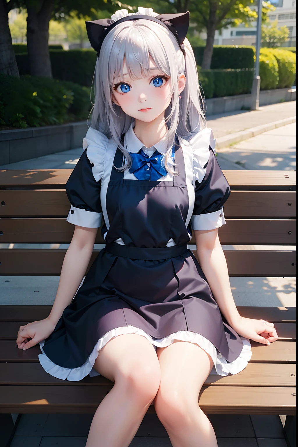 there is a woman sitting on a bench with her legs crossed, Anime girl cosplay, Anime. Soft lighting, real life anime girl, Rin, Ayaka Cosplay, cosplay foto, Lori, small curvy , Cosplay, Anime Cosplay, cosplay of a catboy! maid! Dress, full-cosplay, a hyperrealistic schoolgirl, loliutdoor activities,big eye,blue eyess