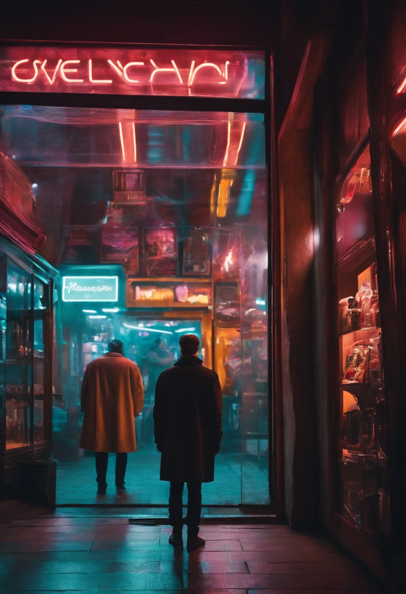 a person analyzing the window of a cyberpunk-style store