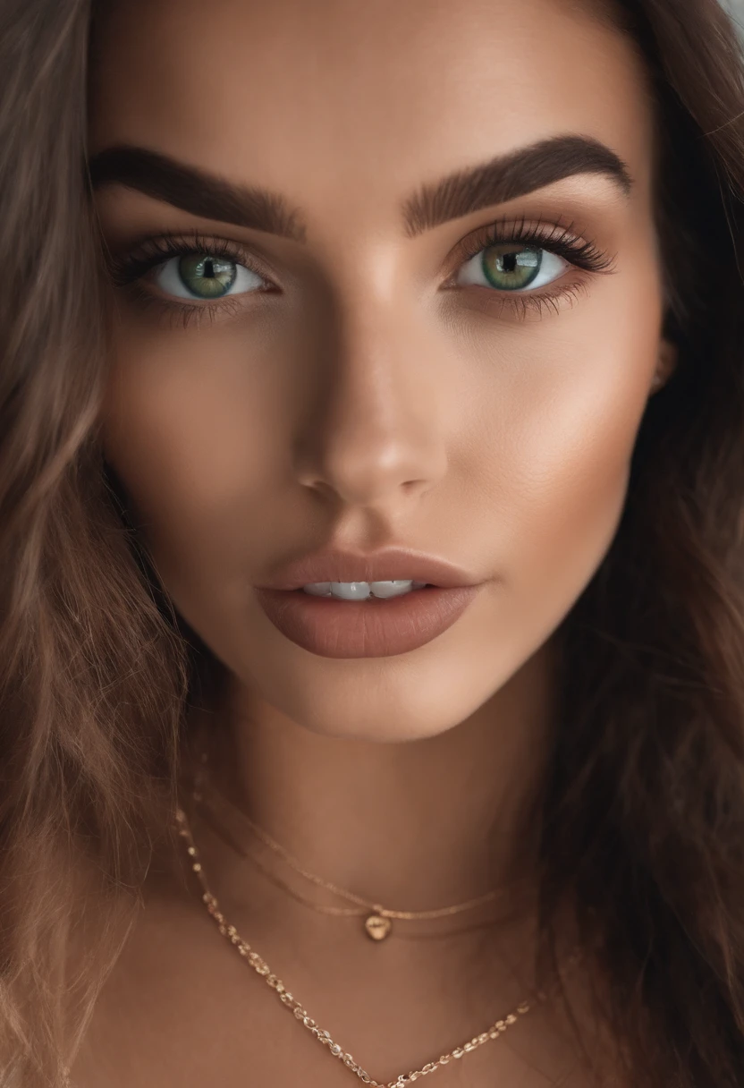 (mikayla demaiter) Arafed woman with a white tank top and necklace, fille sexy aux yeux verts, Portrait Sophie Mudd, cheveux bruns et grands yeux, selfie of a young woman, Yeux de chambre, Violet Myers, sans maquillage, maquillage naturel, looking straight at camera, Visage avec Artgram, Maquillage subtil, Superbe photo du corps entier, piercing green eyes