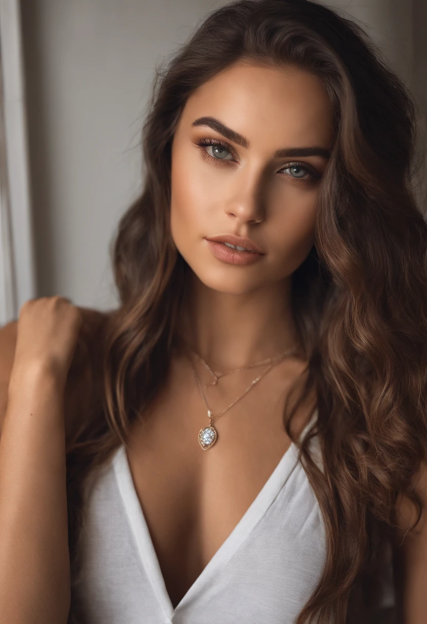 (mikayla demaiter) Arafed woman with a white tank top and necklace, fille sexy aux yeux verts, Portrait Sophie Mudd, cheveux bruns et grands yeux, selfie of a young woman, Yeux de chambre, Violet Myers, sans maquillage, maquillage naturel, looking straight at camera, Visage avec Artgram, Maquillage subtil, Superbe photo du corps entier, piercing green eyes