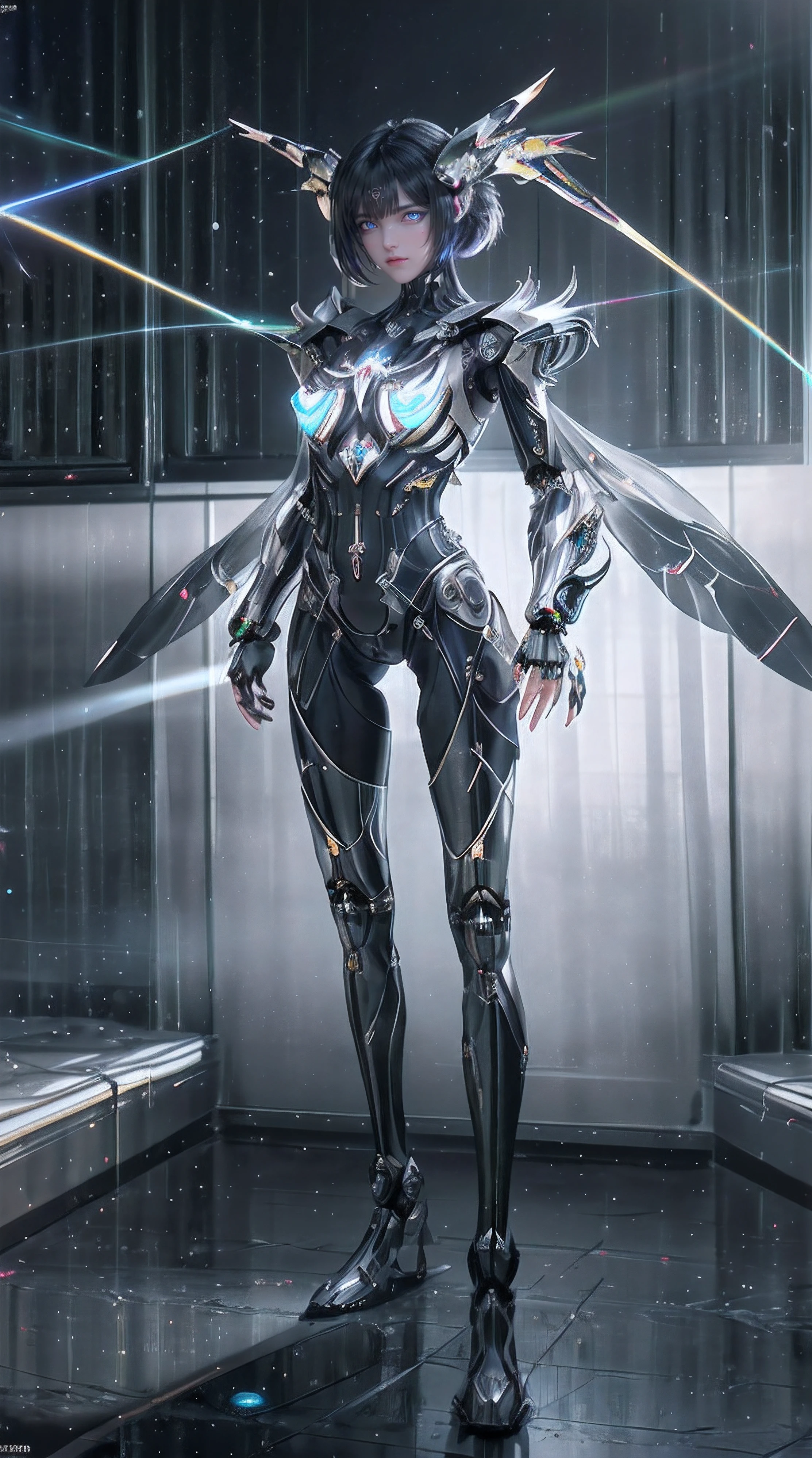 (from front:1.5), (1mechanical girl:1.5),full body, solo, Slim waist, thick thighs,  (machine made joints:1.2),(machanical limbs:1.1),(blood vessels connected to tubes),(mechanical vertebra attaching to back),(mechanical cervial attaching to neck), lights on armor, mecha headglass, (Luminous Arms:1.5), (laser eyes:1.5), expressionless, huge breast, 

colorful,hdr, ray tracing, nvidia rtx, super-resolution, unreal 5, subsurface scattering, pbr texturing, post-processing, anisotropic filtering, depth of field, maximum clarity and sharpness, rule of thirds, 16k raw, (luminescent particles:1.4), extremely detailed cg, unity 8k wallpaper, 3d, cinematic lighting, lens flare, reflections, sharp focus, cyberpunk art,  realistic, highly detailed CG illustration, an extremely delicate and beautiful, cinematic light, (photorealistic:1.5), (Dark background:1.5),dynamic angle, masterpiece, best quality, ultra-detailed, illustration, detailed light, dramatic_shadow,face shadow,extra detailed,best performance,