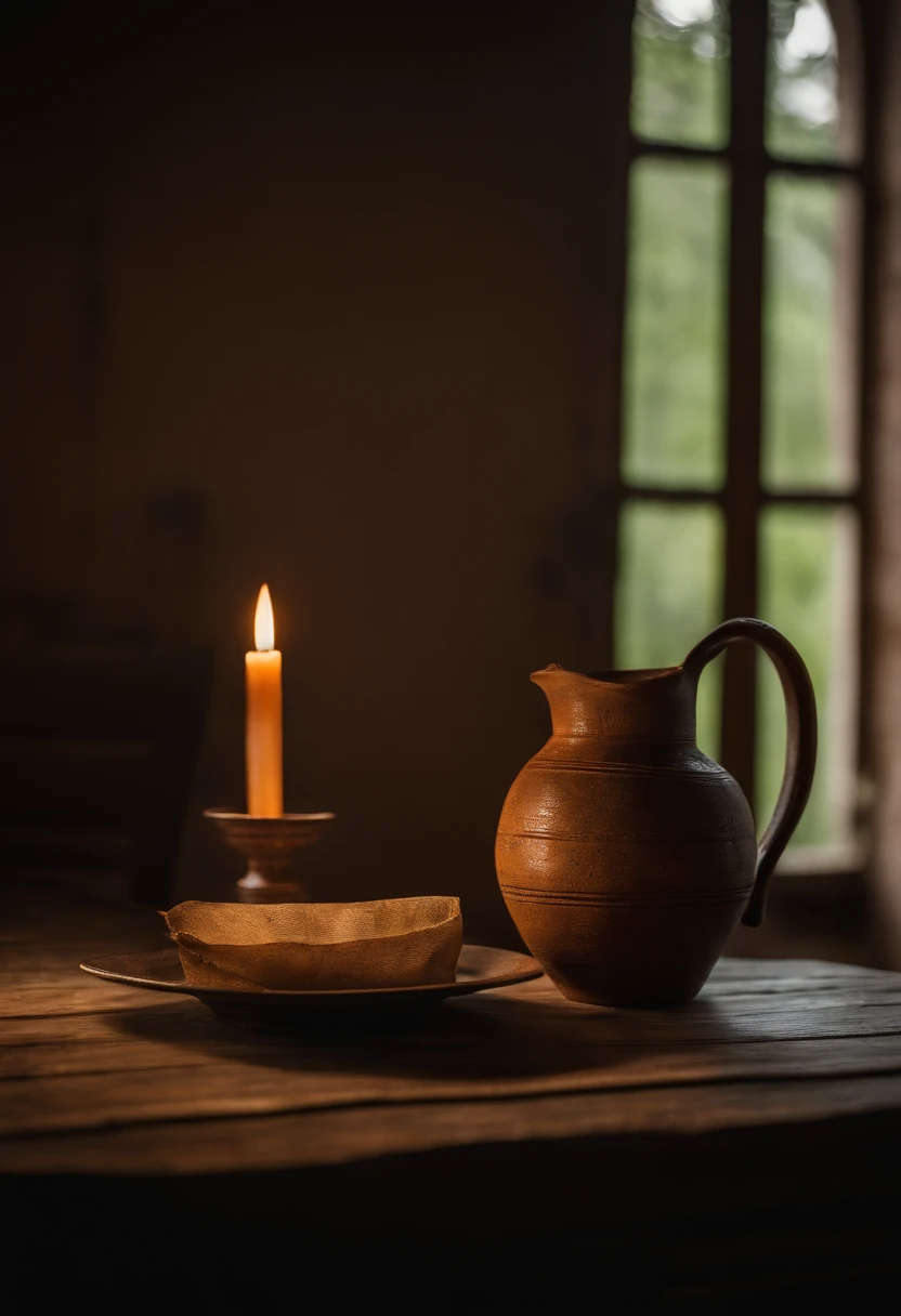 (Close-up of a jug on a wooden table next to an empty plate and a clay glass), The atmosphere is dark, Casa mal iluminada, polvorienta, Hay una silla de madera y esparto al lado de la pared, A typical house of humble people of the 16th century, without lamps, Noche oscura con poca luz ambiental, A very small window and a couple of lit candles