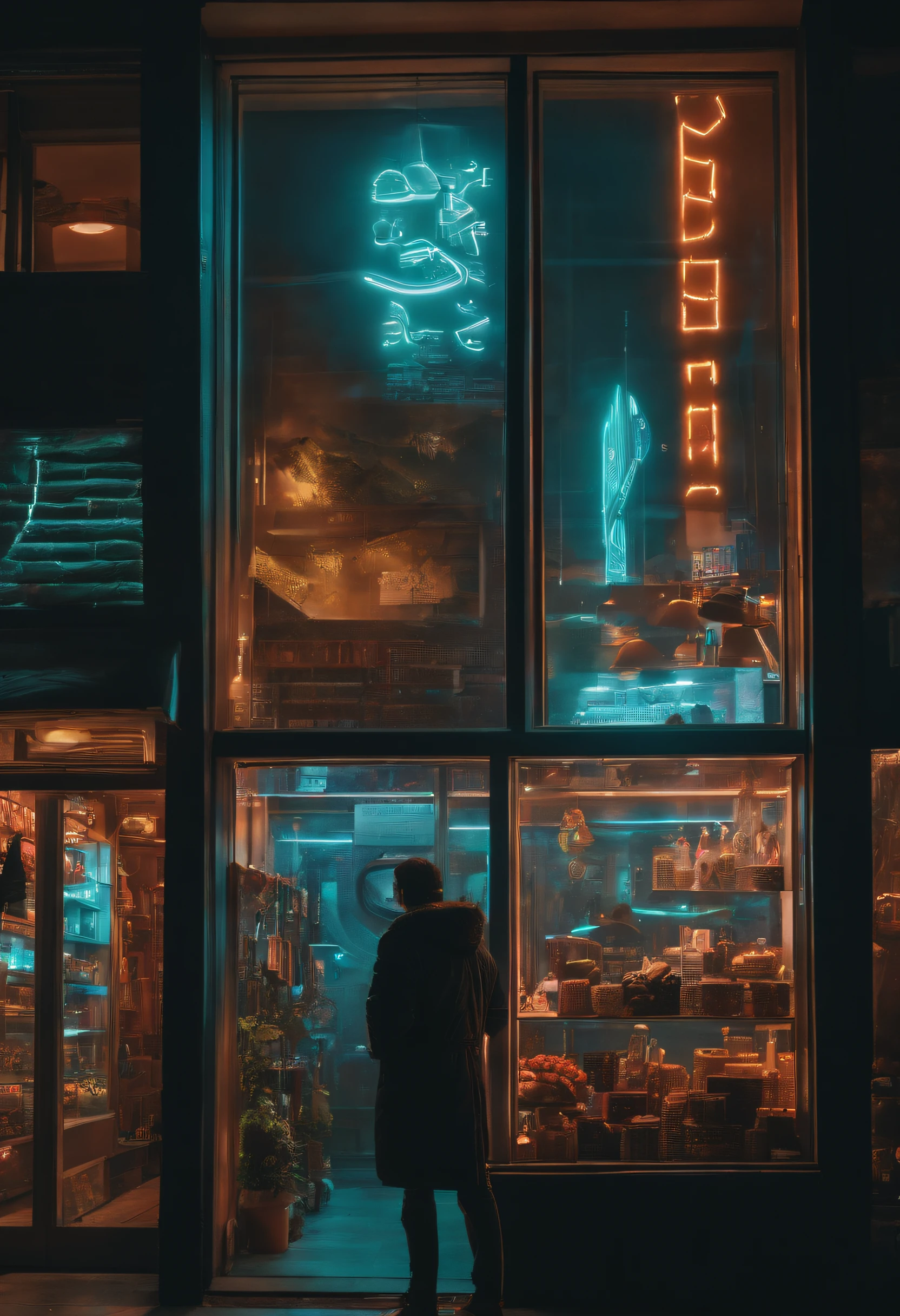 a person analyzing the window of a cyberpunk-style store