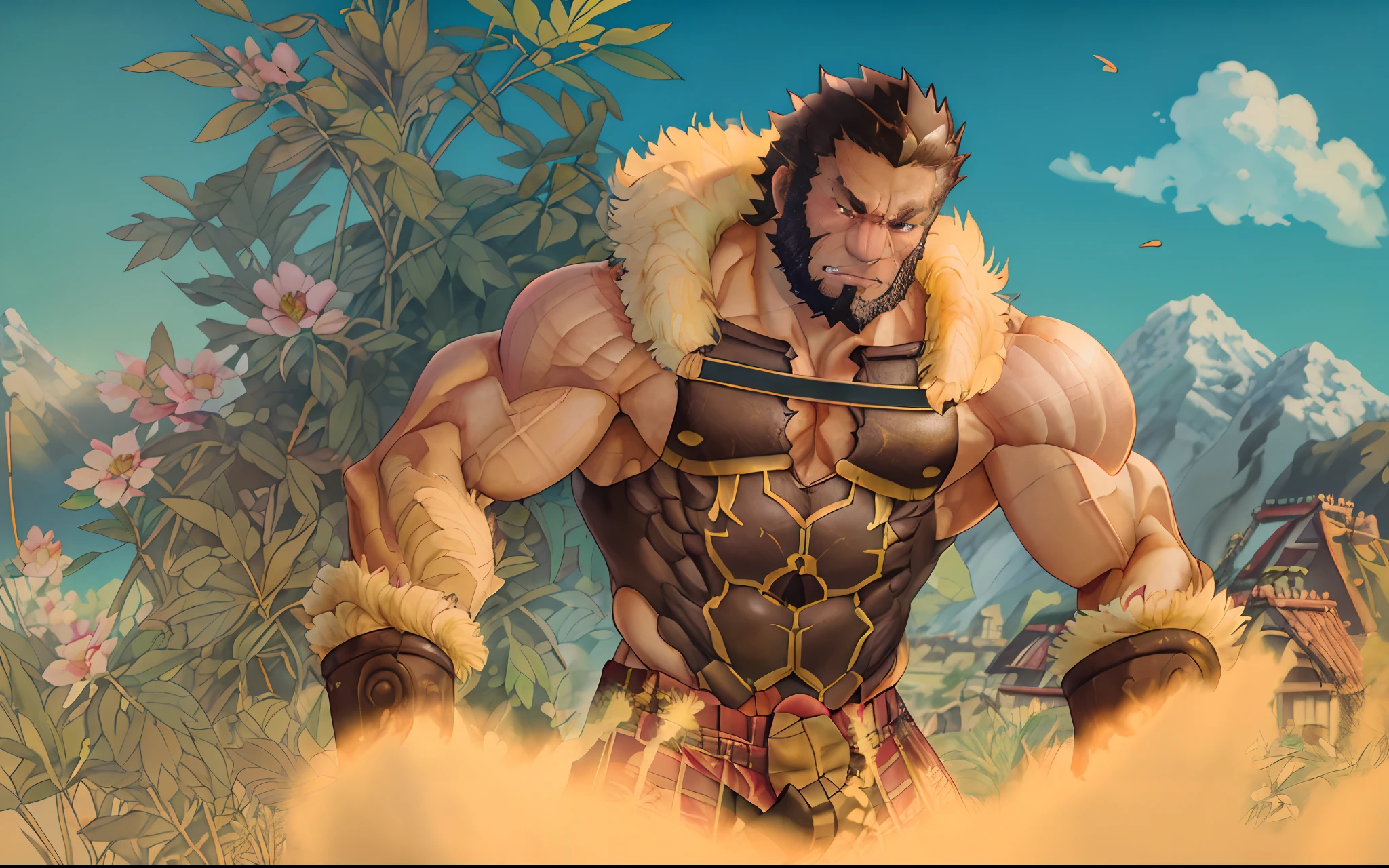 Wolverine looks out over distant peaks，Peach blossom foreground，The appearance of a 40 year old Asian man，Nasolabial folds，sad expressions，Tears welled up in the corners of his eyes，Sweat all over the body，Black cape，The lower body is wearing a grass skirt，Oily skin reflexes，red brown hair，Reddish-brown beard，Huge pectoral muscles，Brownish-yellow skin，((Crotch bulge))，Detailed hair details，Detailed petal texture，Paintings in the style of Gaston Busier，evening light，Light blue sky，globalillumination， CG-level lighting rendering，low-contrast， (best qualtiy)，tmasterpiece，8K wallpaper quality，