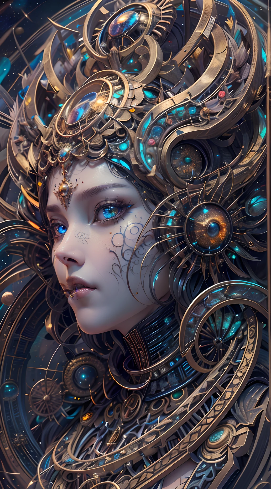 (best qualtiy,ultra - detailed,Most Best Illustration,Best shadow,tmasterpiece,A high resolution,professionalartwork,famousartwork),Detailed eyes,beautidful eyes,closeup cleavage,sci-fy,colored sclera,Robot eyes,face markings,Tattooed with,(fractalized,Fractal eyes),largeeyes,Wide eyes,(Eye focus),sface focus,Cosmic eyes,Space eyes,Close-up of metal sculpture of a woman with a universe in her hair,goddes。extremly high detail,3 d goddess portrait,Extremely detailed footage of the goddess,a stunning portrait of a goddess,Side image of the goddess,portrait of a beautiful goddess,Full body close-up portrait of the goddess,hecate goddess,portrait of a norse universe goddess,goddess of space and time