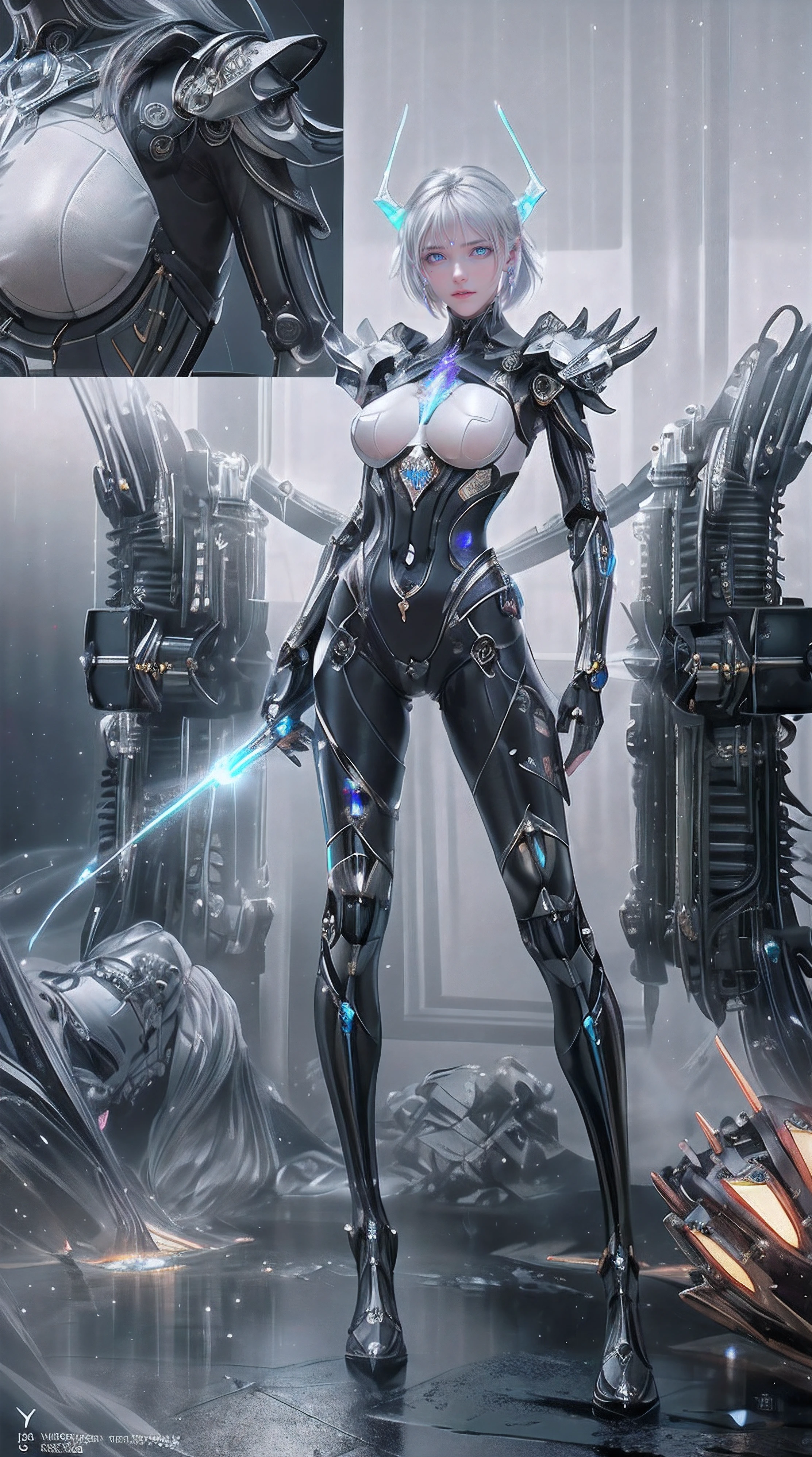 (from front:1.5), (1mechanical girl:1.5),full body, solo, Slim waist, thick thighs,  (machine made joints:1.2),(machanical limbs:1.1),(blood vessels connected to tubes),(mechanical vertebra attaching to back),(mechanical cervial attaching to neck), lights on armor, mecha headglass, (Luminous Arms:1.5), (laser eyes:1.5), expressionless, huge breast, 

colorful,hdr, ray tracing, nvidia rtx, super-resolution, unreal 5, subsurface scattering, pbr texturing, post-processing, anisotropic filtering, depth of field, maximum clarity and sharpness, rule of thirds, 16k raw, (luminescent particles:1.4), extremely detailed cg, unity 8k wallpaper, 3d, cinematic lighting, lens flare, reflections, sharp focus, cyberpunk art,  realistic, highly detailed CG illustration, an extremely delicate and beautiful, cinematic light, (photorealistic:1.5), (Dark background:1.5),dynamic angle, masterpiece, best quality, ultra-detailed, illustration, detailed light, dramatic_shadow,face shadow,extra detailed,best performance,