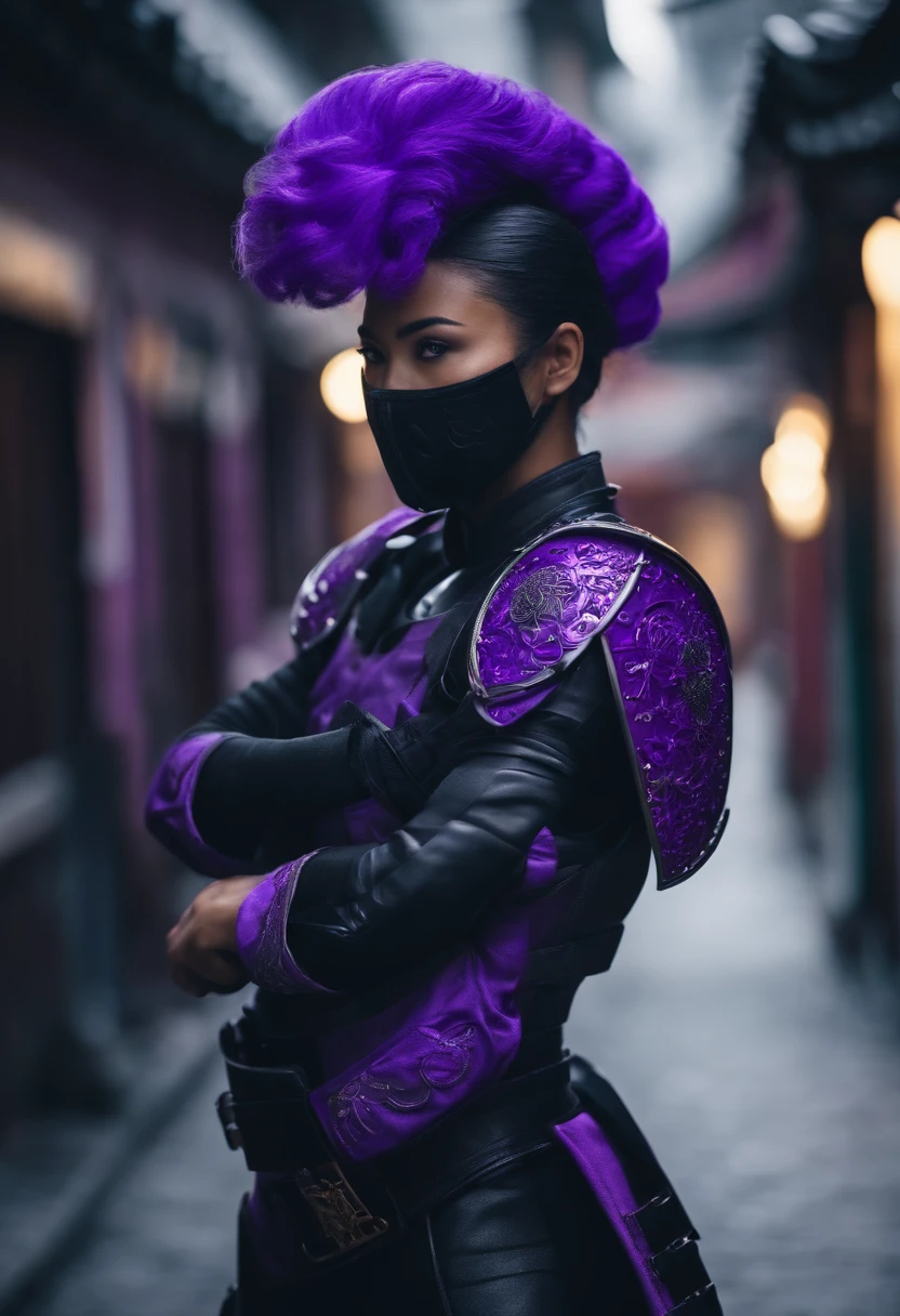 Create a purple Cybercops-style ninja who wears a purple motorcycle helmet and a black ponytail on his head. Ele tem uma roupa que lembra a de um samurai.