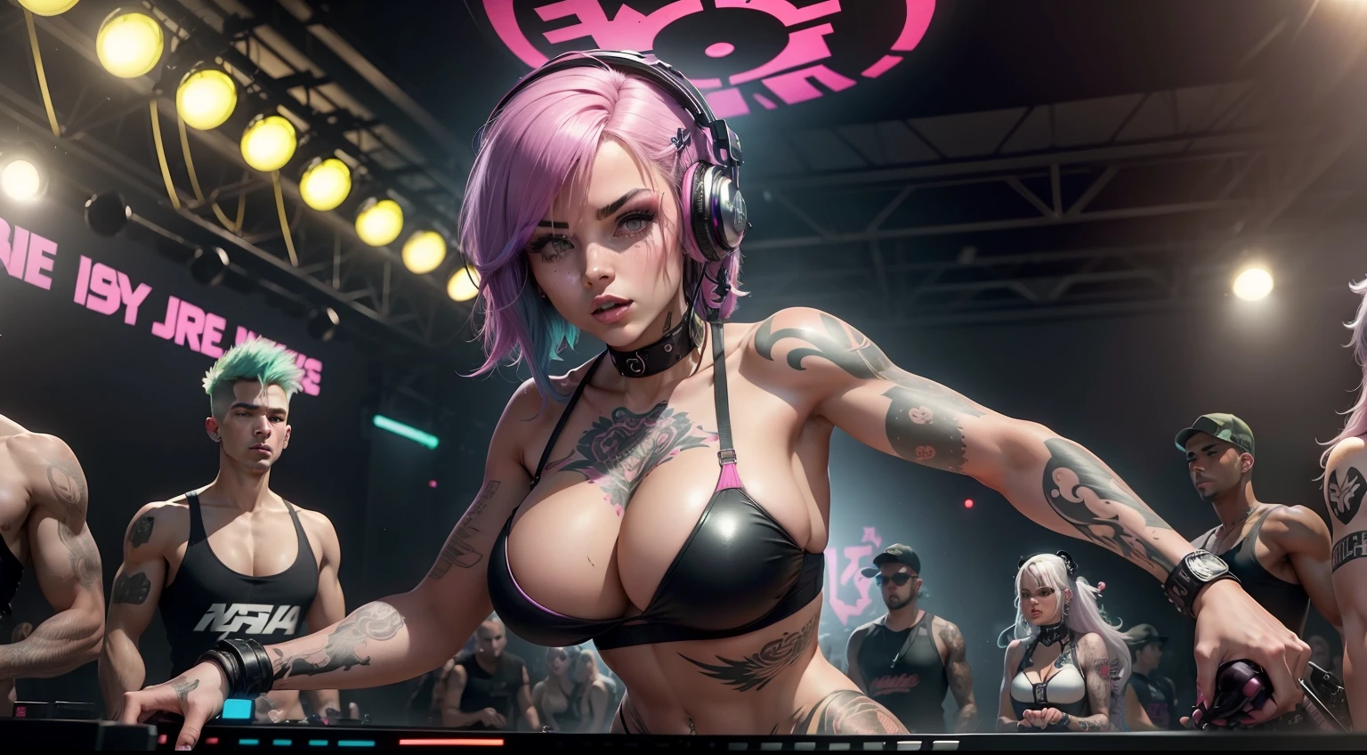 A captivating scene depicting a strong tattooed female DJ, with a sultry cleavage and headphones, commanding the dance floor at a rave party. The women around him, with blond, green, red, pink, purple, black and white hair, dance with intensity, showing off their tattoos.