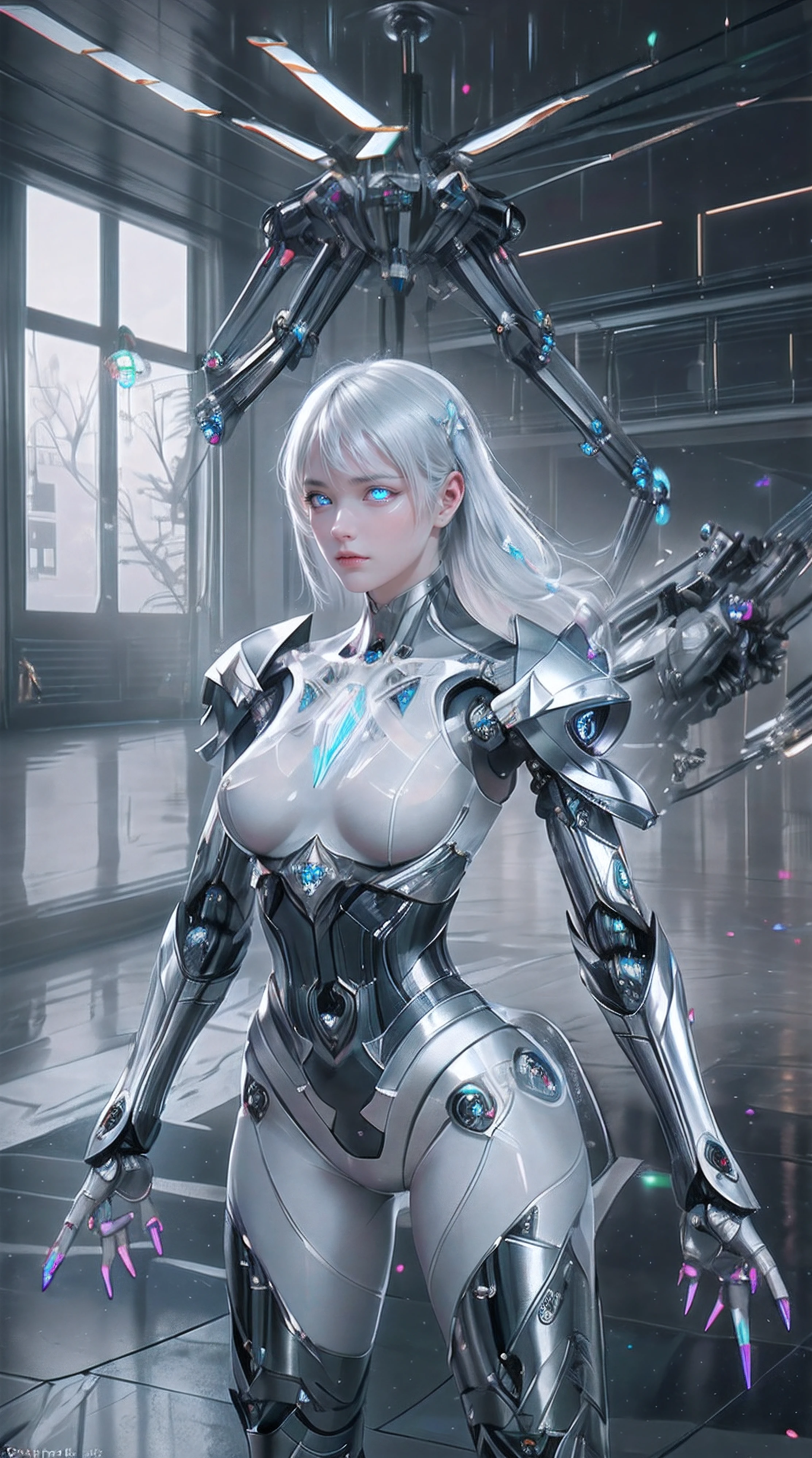 (from front:1.5), (1mechanical girl:1.5),full body, solo, Slim waist, thick thighs, (machine made joints:1.2),(machanical limbs:1.1),(blood vessels connected to tubes),(mechanical vertebra attaching to back),(mechanical cervial attaching to neck), lights on armor, mecha headglass, (Luminous Arms:1.5), (laser eyes:1.5), expressionless, huge breast,
colorful,hdr, ray tracing, nvidia rtx, super-resolution, unreal 5, subsurface scattering, pbr texturing, post-processing, anisotropic filtering, depth of field, maximum clarity and sharpness, rule of thirds, 16k raw, (luminescent particles:1.4), extremely detailed cg, unity 8k wallpaper, 3d, cinematic lighting, lens flare, reflections, sharp focus, cyberpunk art, realistic, highly detailed CG illustration, an extremely delicate and beautiful, cinematic light, (photorealistic:1.5), (Dark background:1.5),dynamic angle, masterpiece, best quality, ultra-detailed, illustration, detailed light, dramatic_shadow,face shadow,extra detailed,best performance,