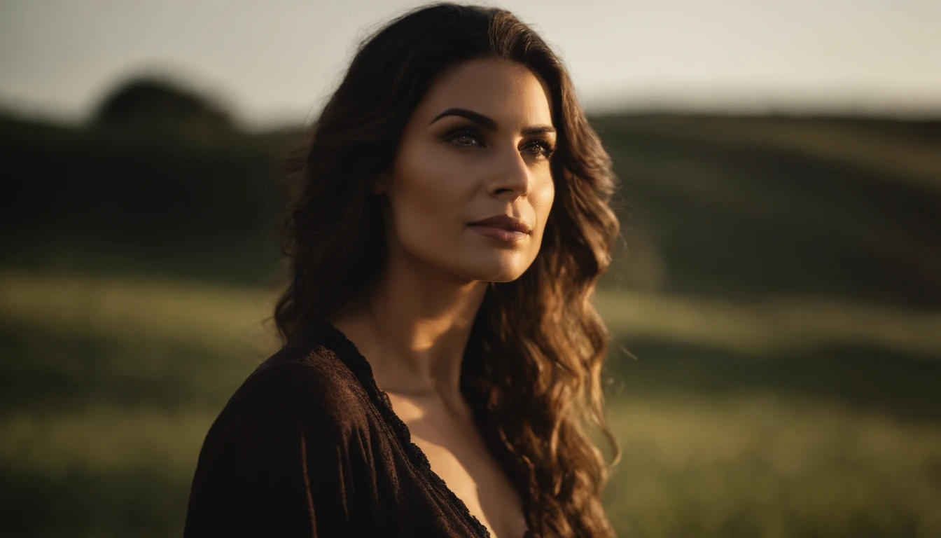 crie uma mulher, morena, cabelos lisos e castanhos, 30 anos e um homem, loiro, alto, standingn, os dois de frente e de maos dadas