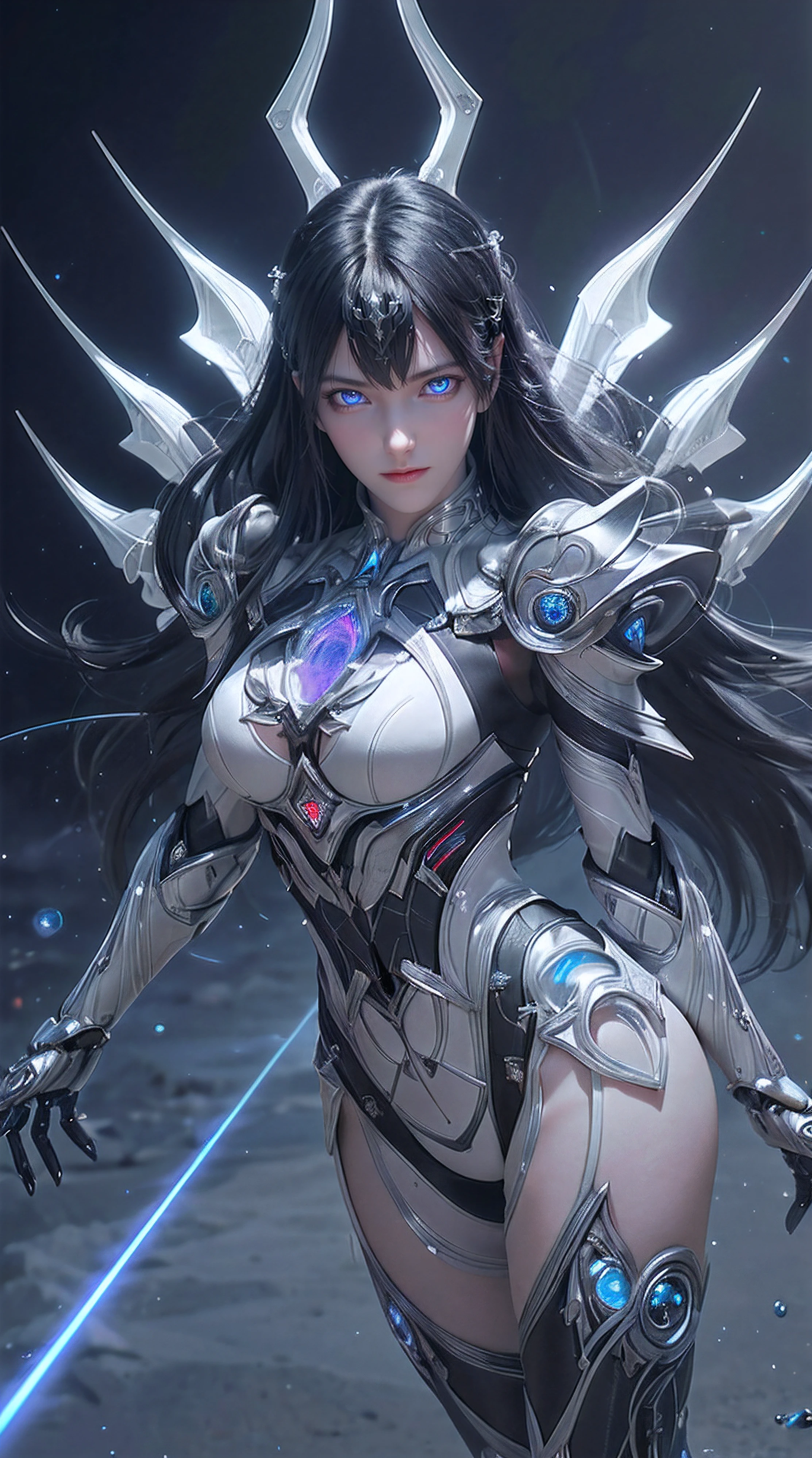 (from front:1.5), (1mechanical girl:1.5),full body, solo, Slim waist, thick thighs,  (machine made joints:1.2),(machanical limbs:1.1),(blood vessels connected to tubes),(mechanical vertebra attaching to back),(mechanical cervial attaching to neck), lights on armor, mecha headglass, (Luminous Arms:1.5), (laser eyes:1.5), expressionless, huge breast, 

colorful,hdr, ray tracing, nvidia rtx, super-resolution, unreal 5, subsurface scattering, pbr texturing, post-processing, anisotropic filtering, depth of field, maximum clarity and sharpness, rule of thirds, 16k raw, (luminescent particles:1.4), extremely detailed cg, unity 8k wallpaper, 3d, cinematic lighting, lens flare, reflections, sharp focus, cyberpunk art,  realistic, highly detailed CG illustration, an extremely delicate and beautiful, cinematic light, (photorealistic:1.5), (Dark background:1.5),dynamic angle, masterpiece, best quality, ultra-detailed, illustration, detailed light, dramatic_shadow,face shadow,extra detailed,best performance,