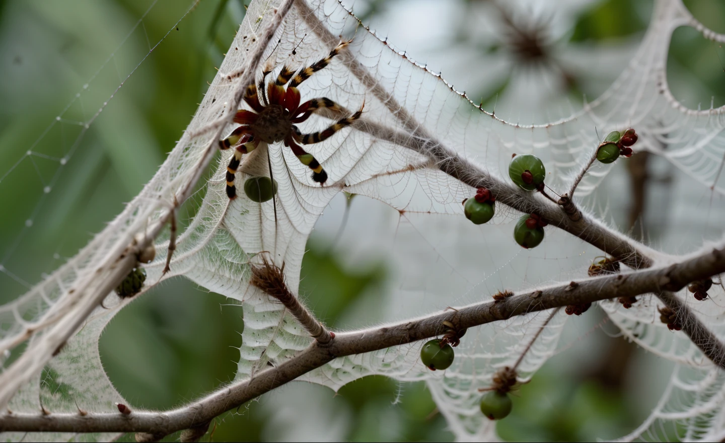 A close-up of a spider web with small green berries on it, Spider's nest, spiderwebs, spiderwebs, cobwebs inside the head, colgar de la web blanca, with cobwebs, Red de zarcillos, webs, Spider web body, artificial spider web, Spiders, Enjambre de insectos, spiderwebs, Web de la vida, Fotograma de un documental de naturaleza