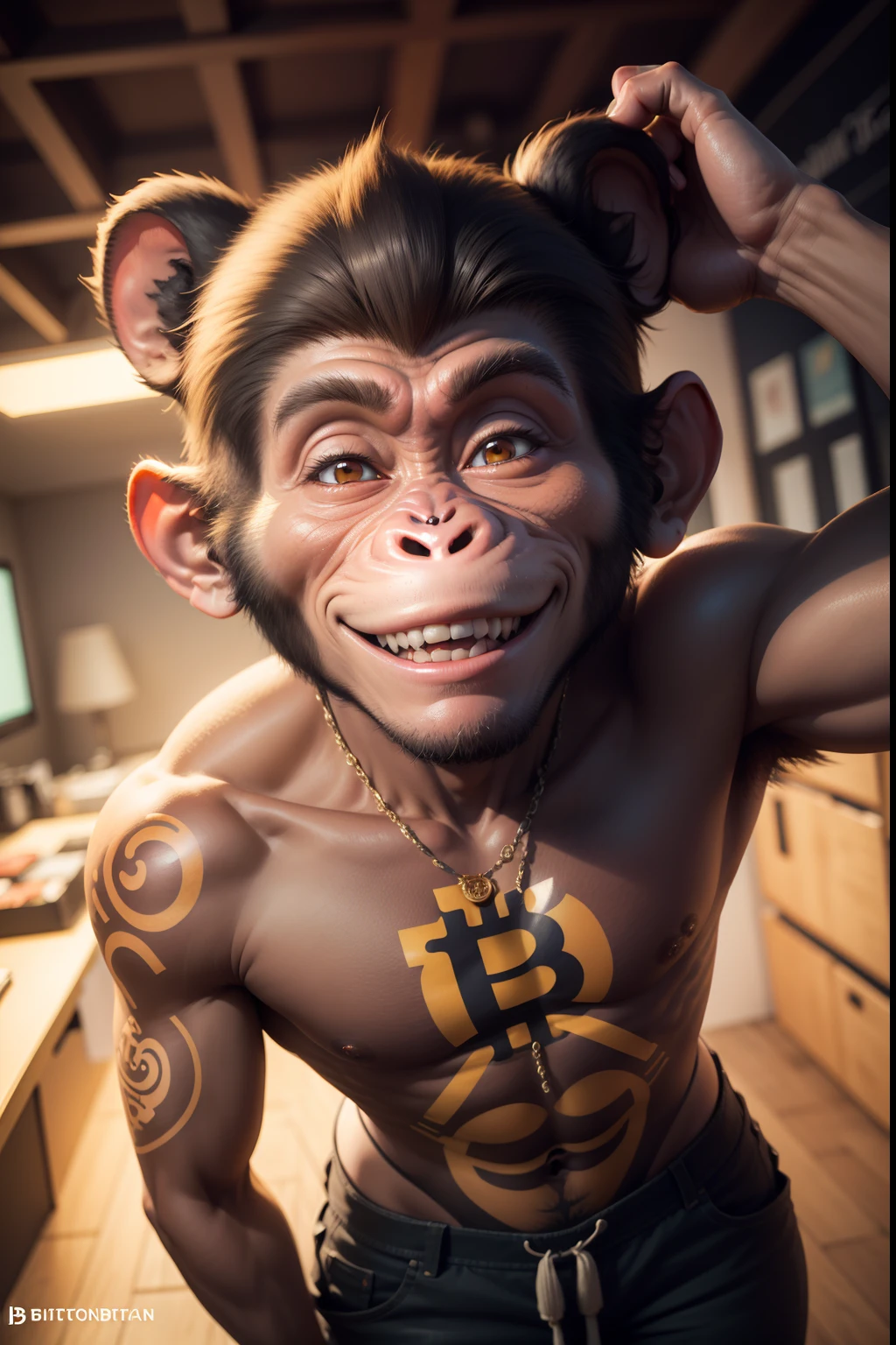 A strong, winking, smiling monkey with a bitcoin tattoo. 8k