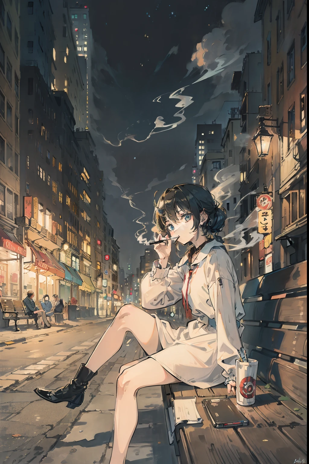 (( best quality, masterpiece, )) city, night, sitting on bench, smoking cigarette