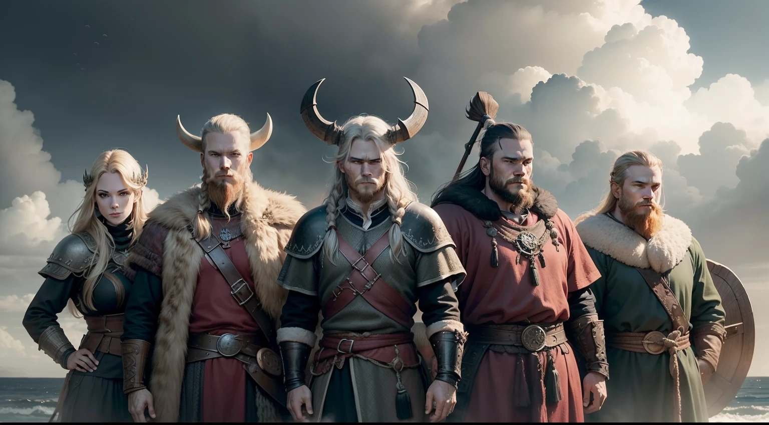 varios vikings como se tivessem posando para uma foto, max quality, realista, navios de guerra ao fundo