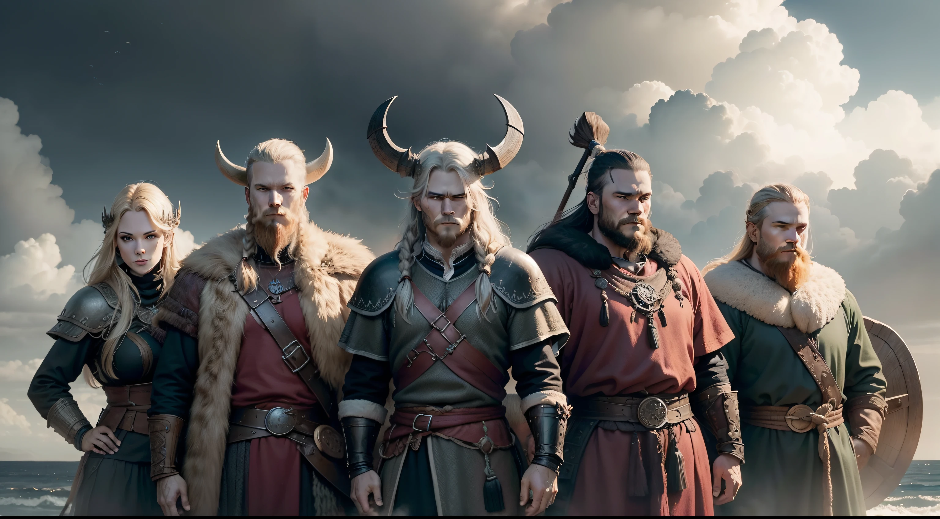 varios vikings como se tivessem posando para uma foto, max quality, realista, navios de guerra ao fundo