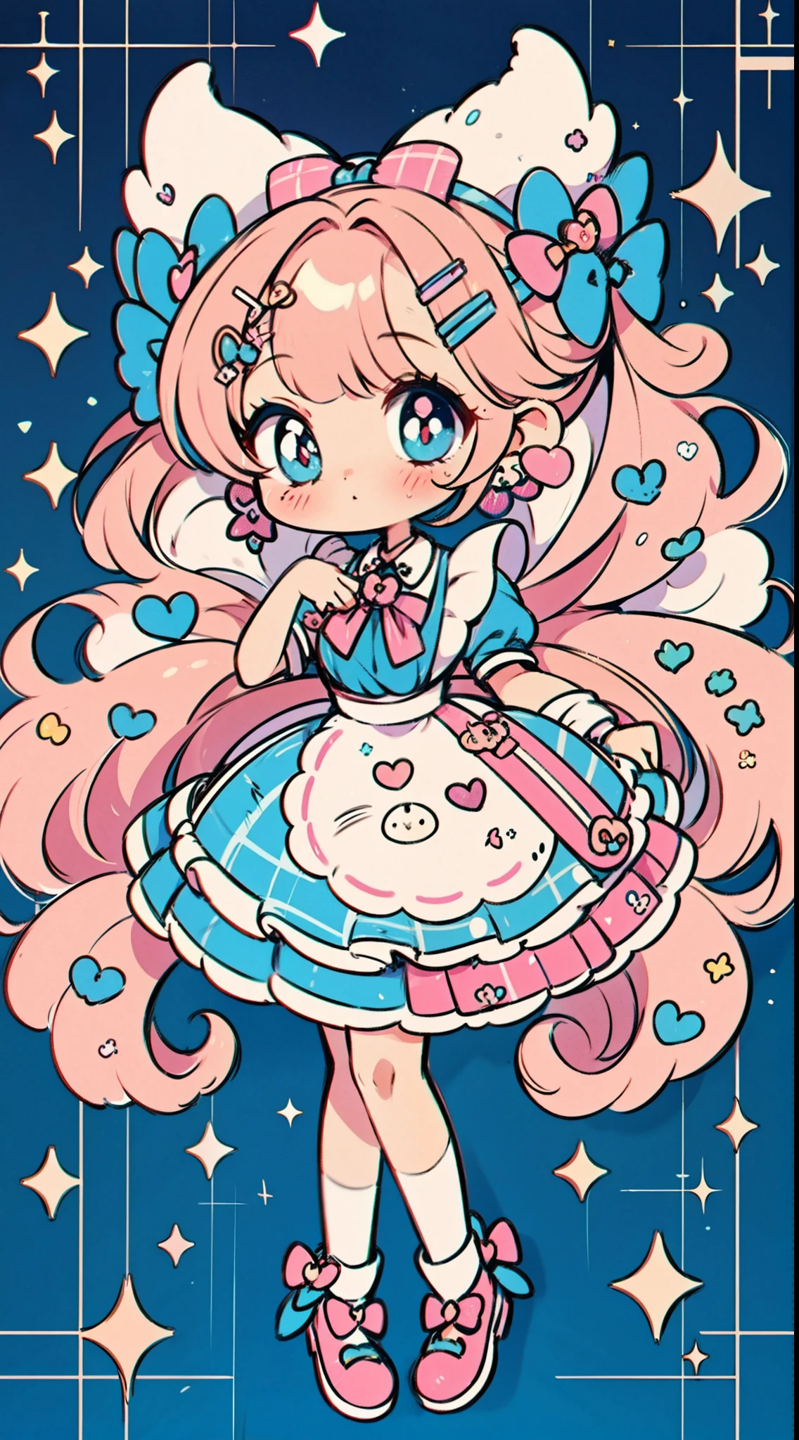 masterpiece, best quality, ultra detailed, beautiful shading, cinematic ligthing, studio lights, cute, kawaii, big eyes, flower pattern on pupil, shaped pupil , cute polka dot pattern on bows, plaid, light pink colored hair，Powder-blue pupils，Wear pink and blue maid outfits，Sweet girl with pure white,full body, full shot, horns, little devil, wow, retro, hairclips, decora, a lot of accessories