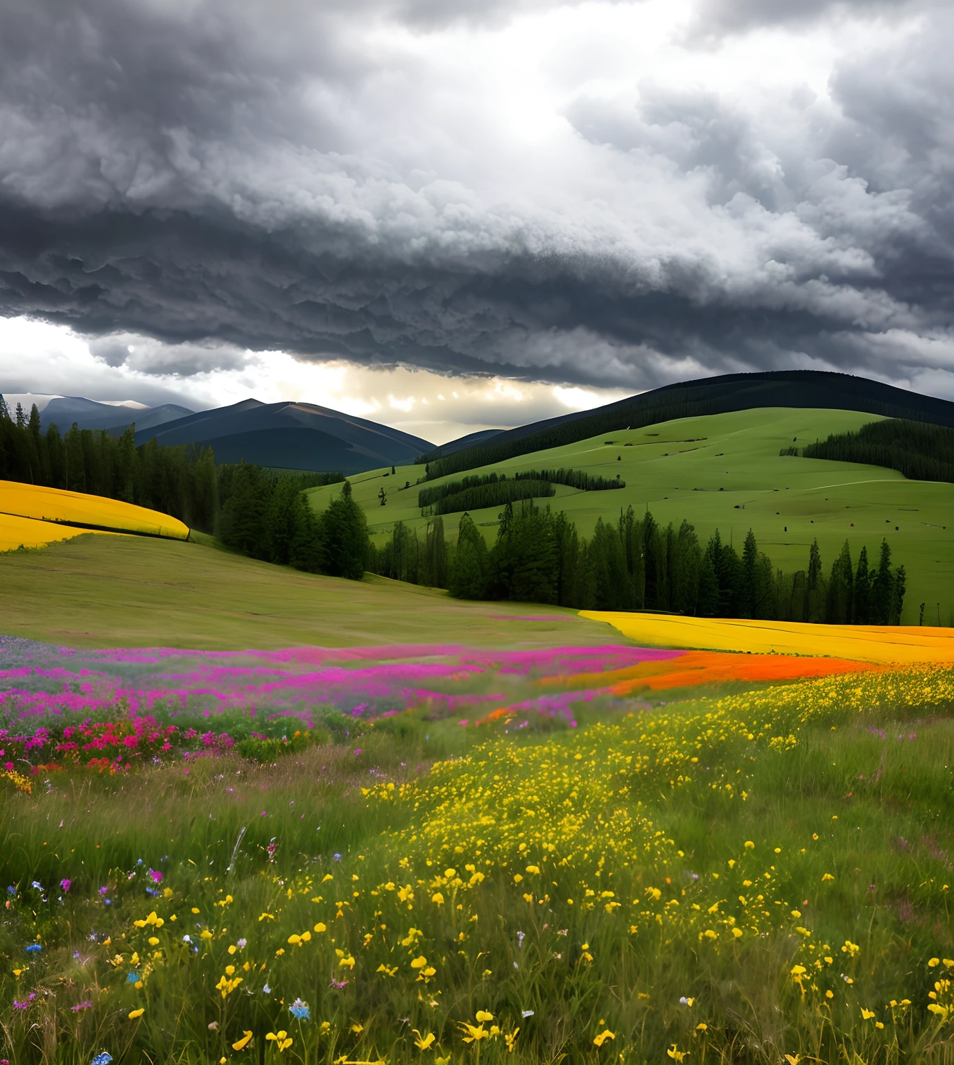 under a stormy, cloudy sky, fotografia bonita, local detalhado e lindo, cores frias, Campo de flores, montanhas
