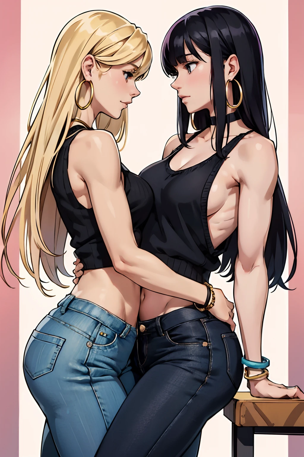 A girl, blonde long hair, pink tank top and blue pants, hoop bracelets, hoop earrings. Making sex with a girl with pale skin, black hair with bangs, black sweater and black pants lesbian sex, 2 girls