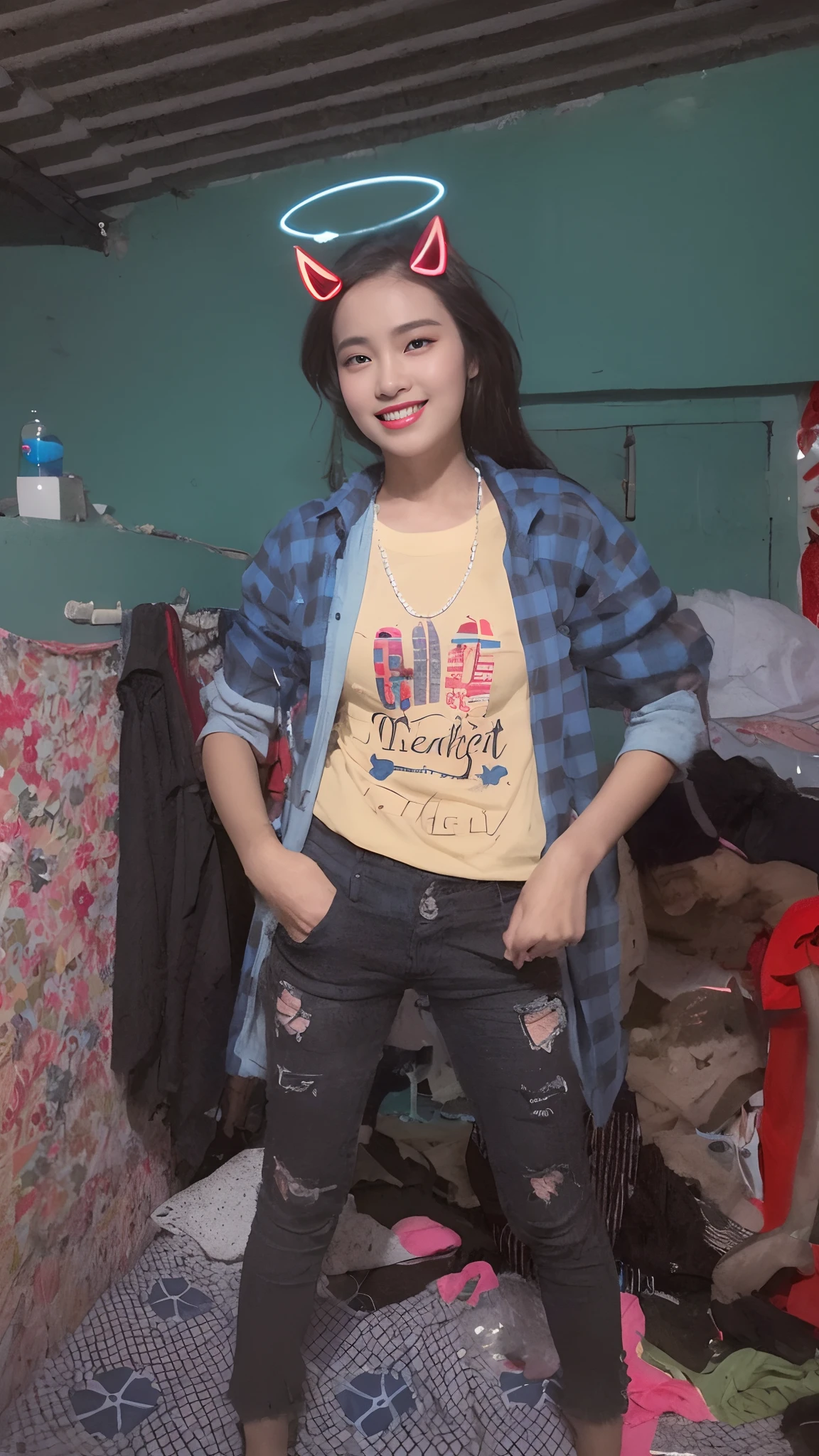 ((Midnight, Best quality, 8k, Masterpiece :1.3)), Whole body, Long legs, Sharp focus :1.2, A pretty woman with perfect figure :1.4, Slender abs :1.1, ((Dark brown hair, Big breasts :1.2)), (White tight tshirt, Jean bib, Standing:1.2), ((Night city view, Rooftop:1.3)), Highly detailed face and skin texture, Detailed eyes, Double eyelid