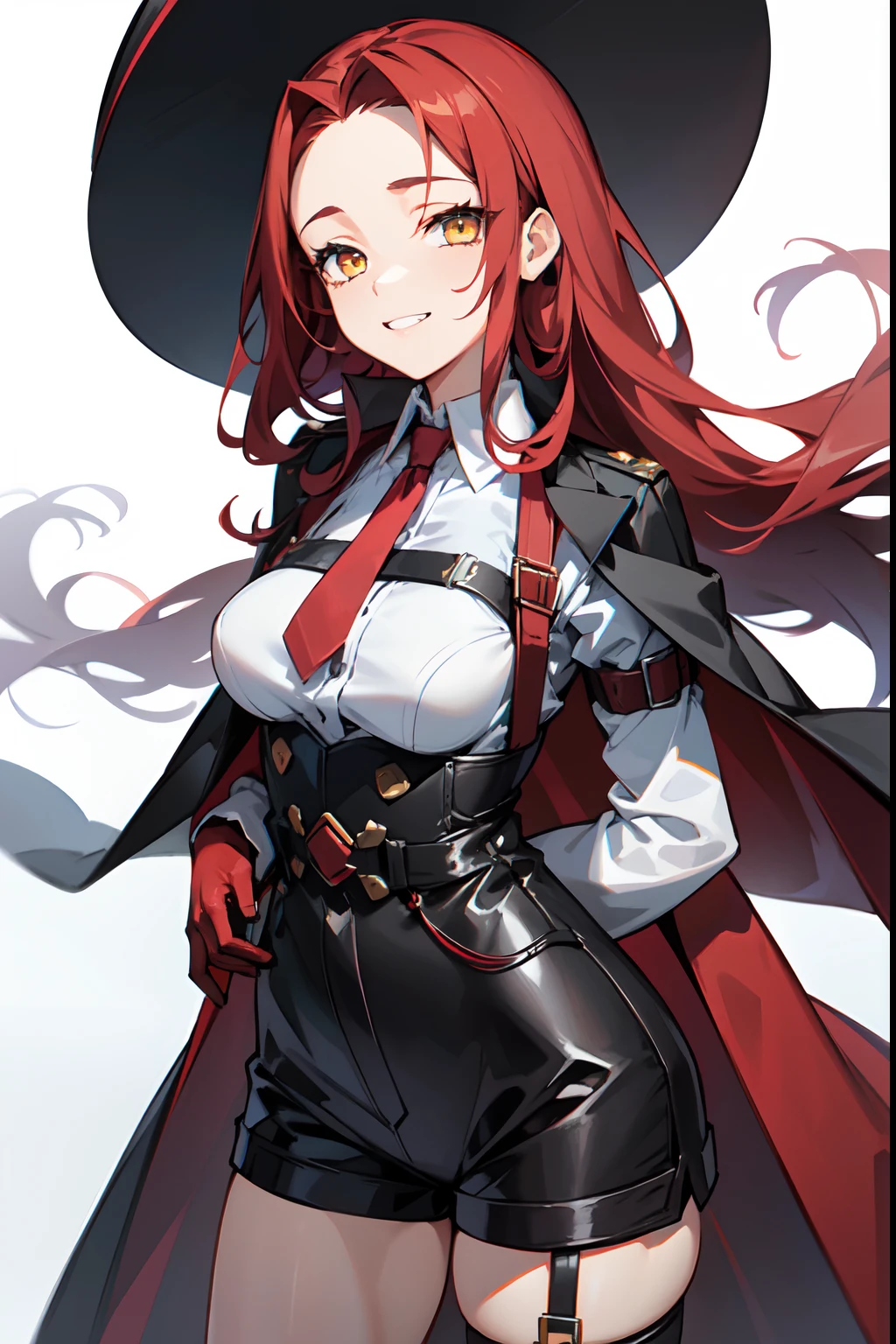 1girl, young woman, solo, long hair, big hair, (forehead:1.13), yellow eyes, scarlet red hair, medium breasts, grin, (overcoat, black coat, open coat:1.2), white shirt, collared shirt, (chest harness, shoulder strap:1.15), black leather shorts, garter belt, gloves, elegant, arms behind back, looking at viewer, standing,, ((close-up)), face only, cowboy shot, masterpiece, best quality, 4k
