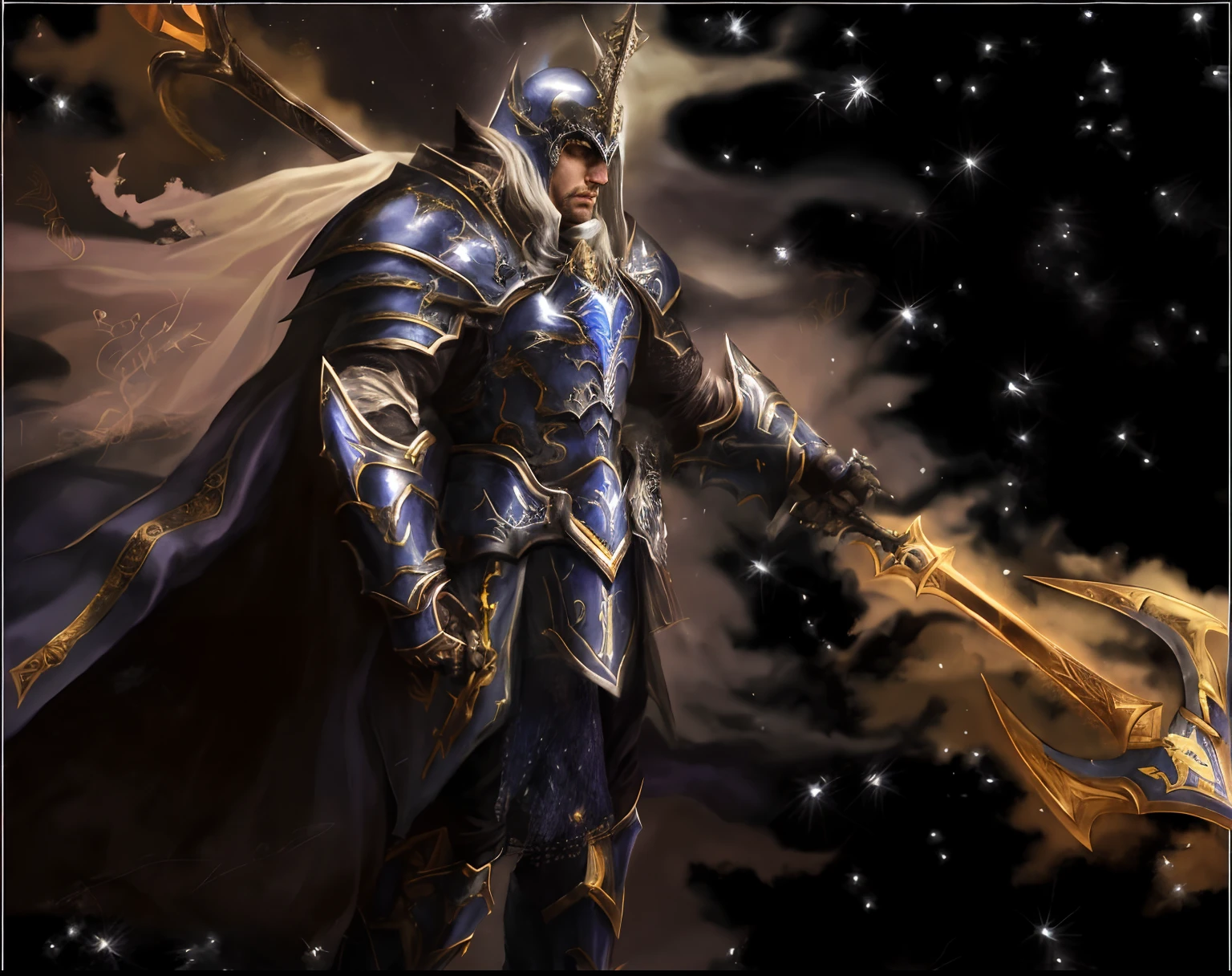 um homem de armadura segurando uma espada e um fogo, paladino fantasia, O Deus Imperador da Humanidade, Paladino masculino, epic paladin armor, um paladino masculino humano, Arthas, clothed in ethereal battle armor, ares com armadura pesada e espada, Retrato do Imperador da Humanidade, Paladino Grimdark, Arthas Menethil, paladino de ouro
