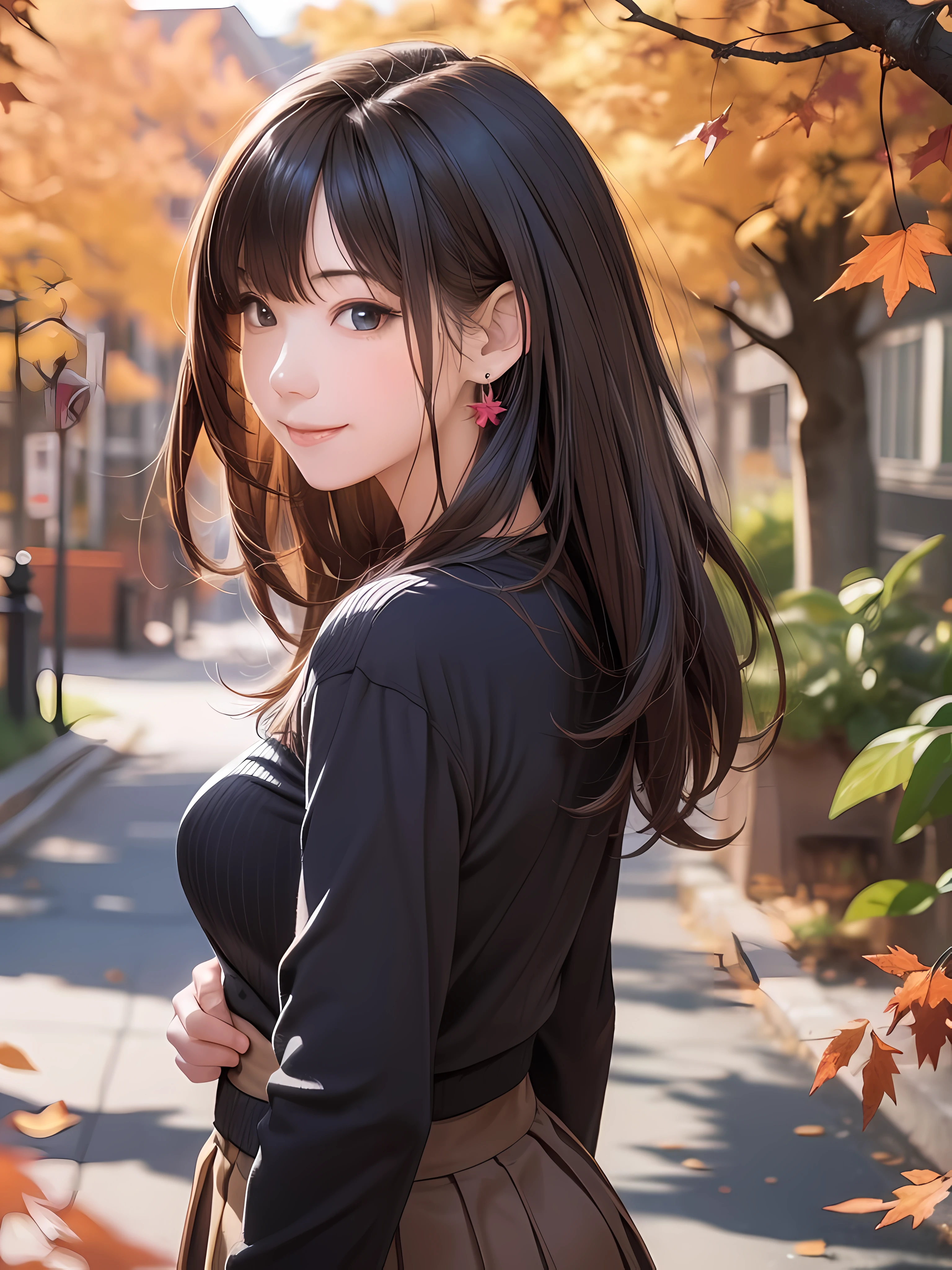 (1girl:1.3), (photorealistic:1.4), (masterpiece, top quality, best quality, official art), extreme detailed, highest detailed, (ultra-detailed), ((an extremely delicate and beautiful)), dappled sunlight, falling dry leaves, contemporary, silky long hair, (brown hair), she Walking at the park, in evening, sweater, pleated skirt, Small leaves earrings, necklace, shy, smile, wave hand, (looking back:1.4), 24 years old, narrow waist, wide shot, dynamic angle, from above,