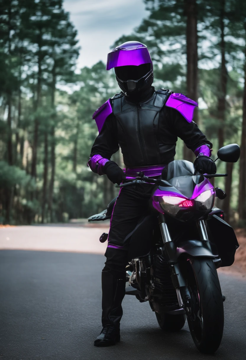 crie um homem ninja roxo futurista estilo mortal kombat que usa um capacete de moto roxo com visor preto, a black ponytail on the head behind that helmet. He has an outfit reminiscent of that of a futuristic samurai and is on top of a motorcycle.