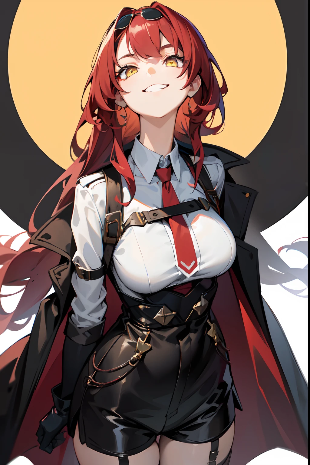 Young woman,with red devil's powders,pink hair,Red eyes,sharp teeth,cute face,a white shirt that is a bit too big,red collar on the neck with a bell,black short shorts,bare feet,in a cat pose,anime style,Darling.