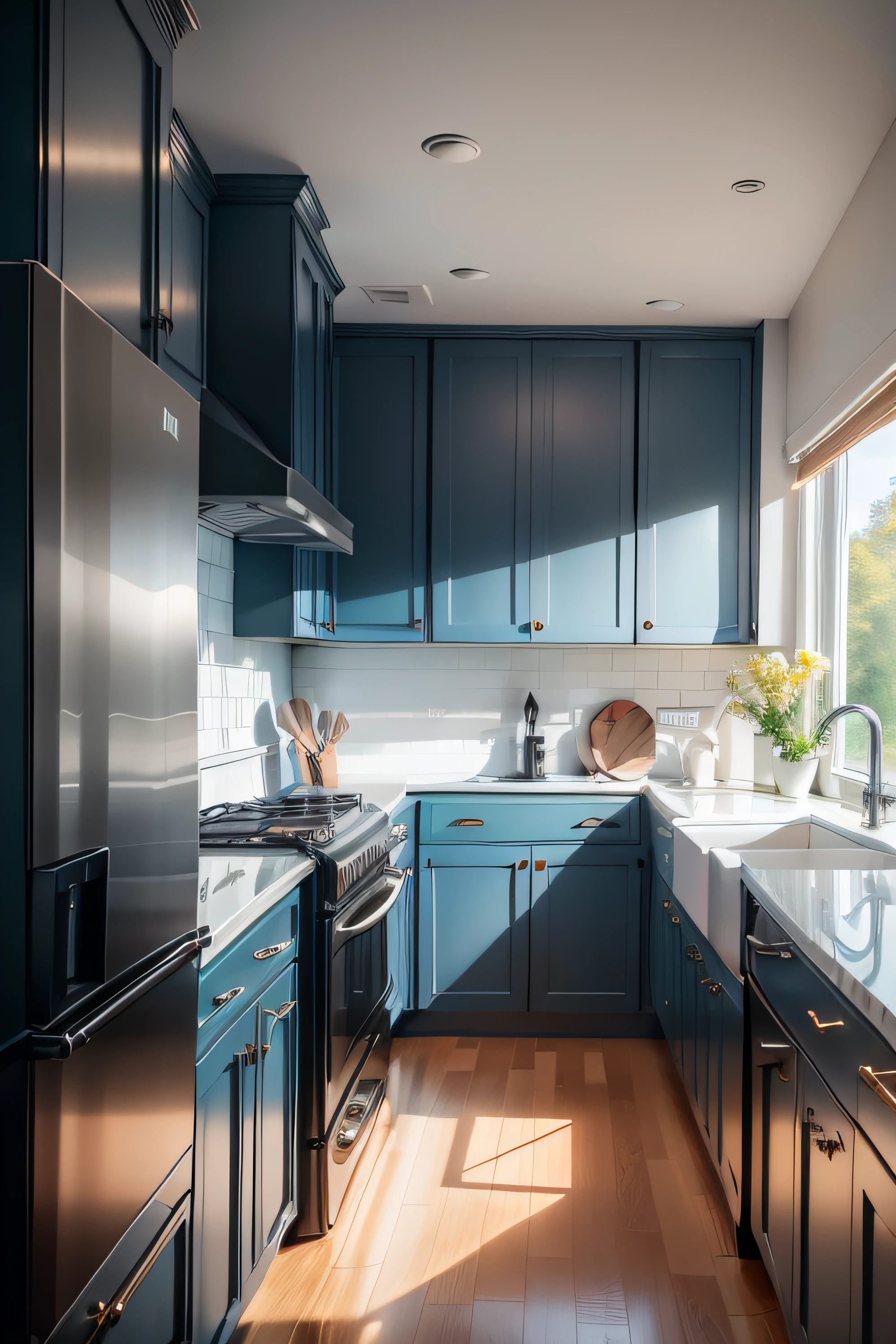 there is a open-concept kitchen with a stove, sink, and cabinets, blue grey and white color scheme, wood cabinets, blue gray, olivia, mix with rivendell architecture, a wide full shot, blue and gray colors, marble countertops, blue monochromatic, scenic full shot, shades of blue and grey, ballard, monochromatic blue, near kitchen stove, in background