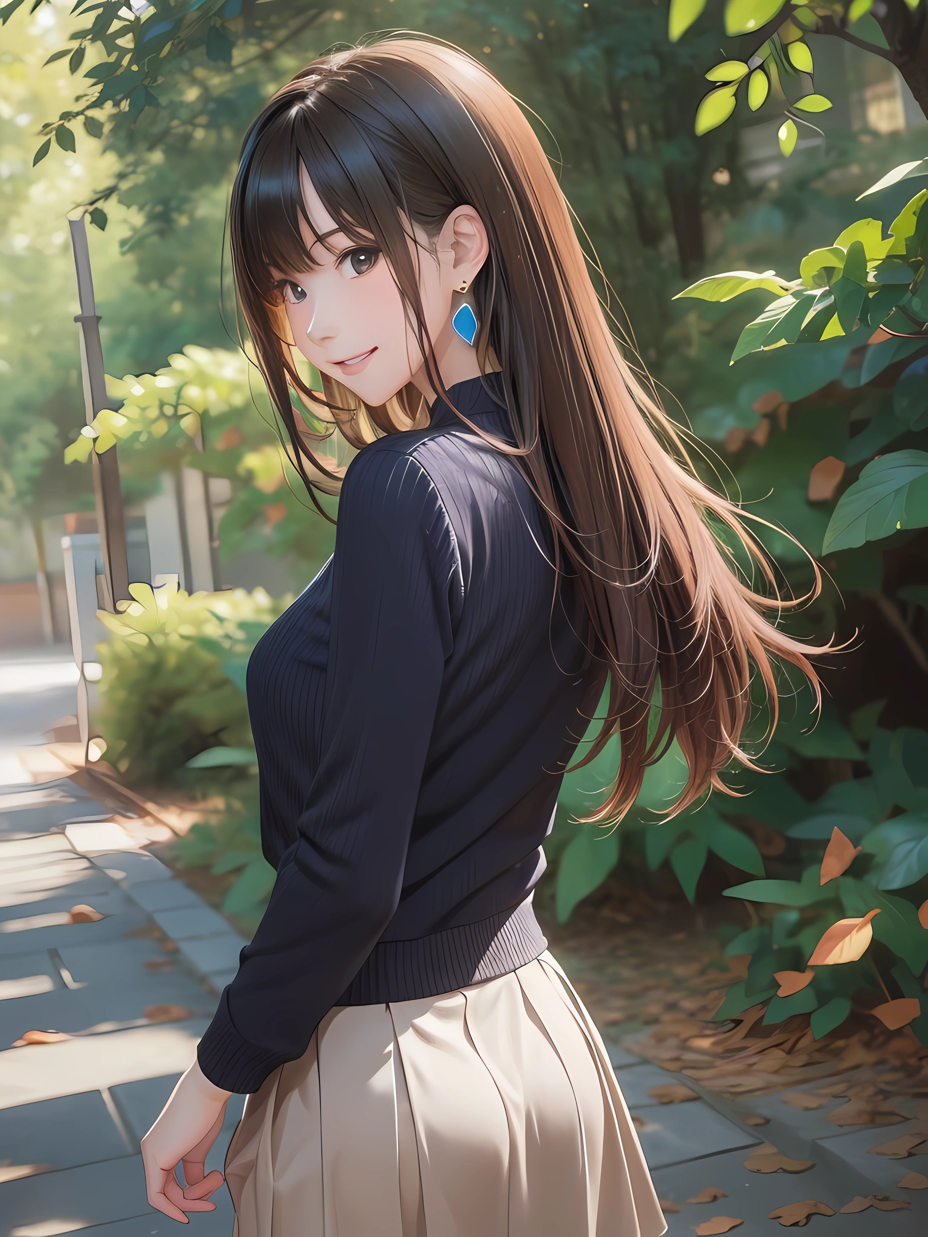 (1girl:1.3), (photorealistic:1.4), (masterpiece, top quality, best quality, official art), extreme detailed, highest detailed, (ultra-detailed), ((an extremely delicate and beautiful)), dappled sunlight, falling dry leaves, contemporary, silky long hair, (brown hair), she Walking at the park, in evening, sweater, pleated skirt, Small leaves earrings, necklace, shy, smile, wave hand, (looking back:1.4), 24 years old, narrow waist, wide shot, dynamic angle, from above,