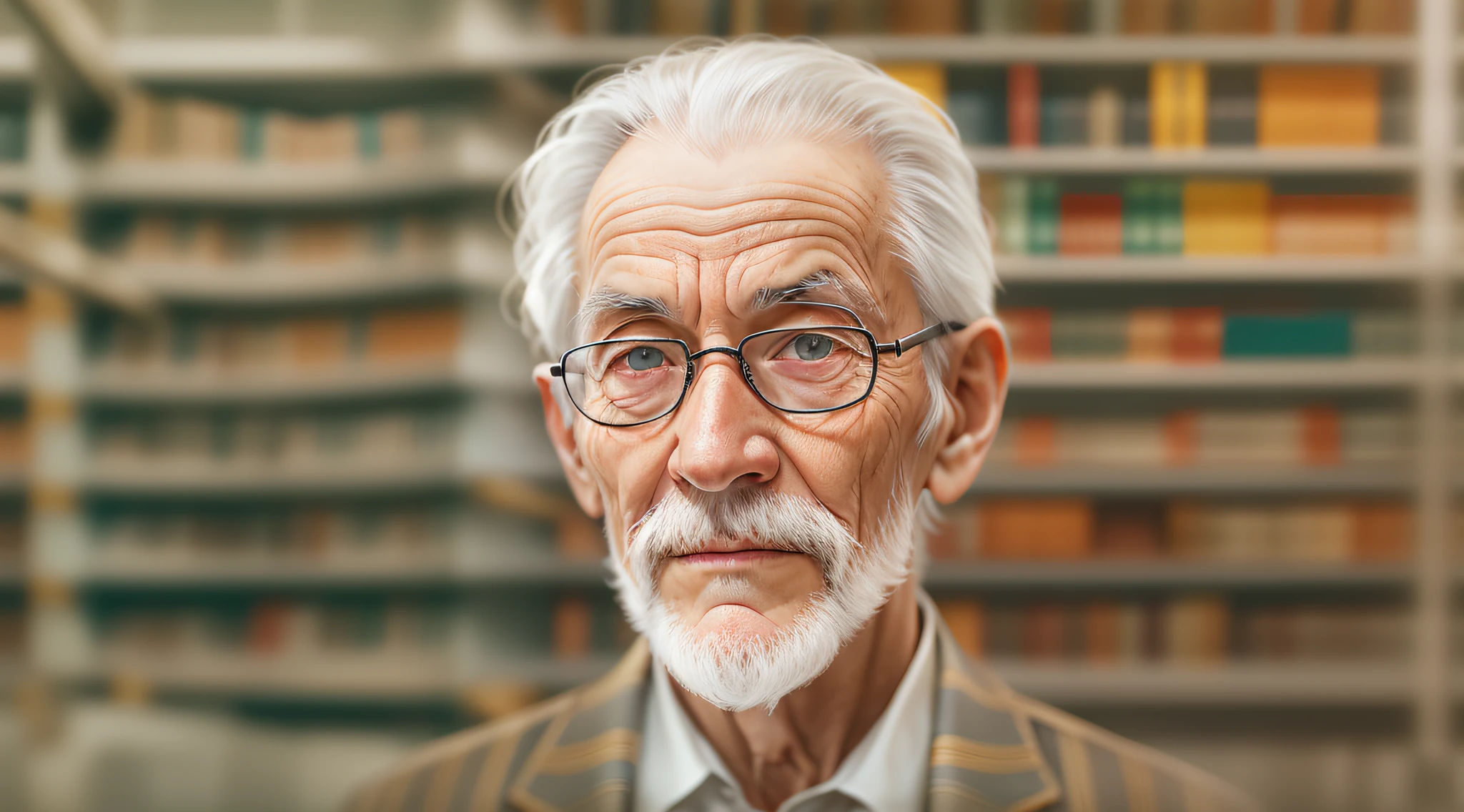 CREATE AN IMAGE OF A 60 YEAR OLD ELDERLY MAN IN THE LIBRARY