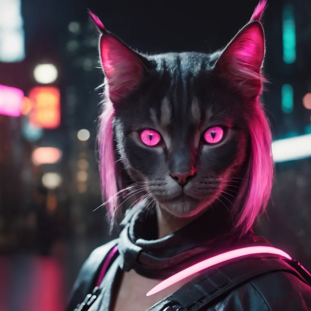 "cyberpunk samurai cat girl with neon eyes in Tokyo city at night, close up shot, carrying a sword on her back, infused with a vibrant pink style."