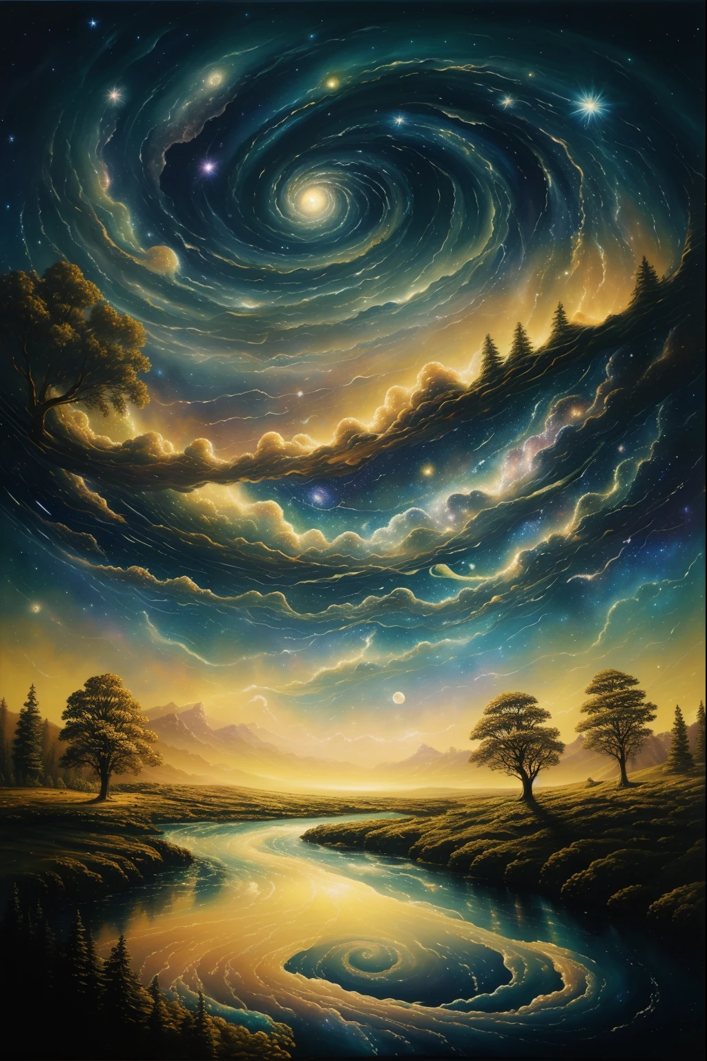 a painting of a spiral galaxy with stars and trees, detailed dreamscape, baroque painting. star lit sky, James r. ears,  moon,   painting of a dreamscape, swirling scene, cosmic landscape, intricate oil painting artwork, galactic landscape, cosmic starry sky, stars and paisley filled sky, magical landscape, swirling water cosmos, painting. oil painting